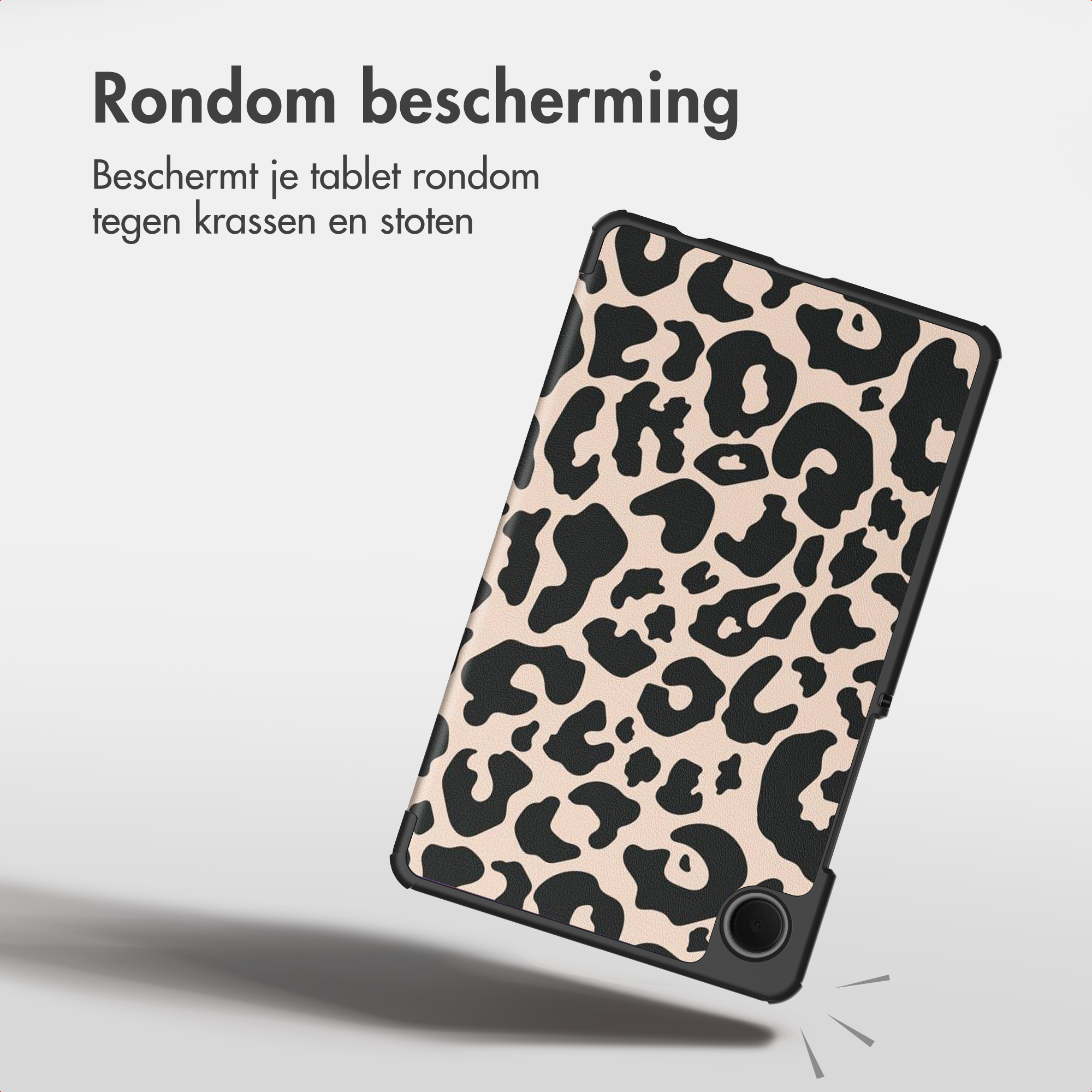 A tablet case with a leopard print pattern against a light background with Dutch text.