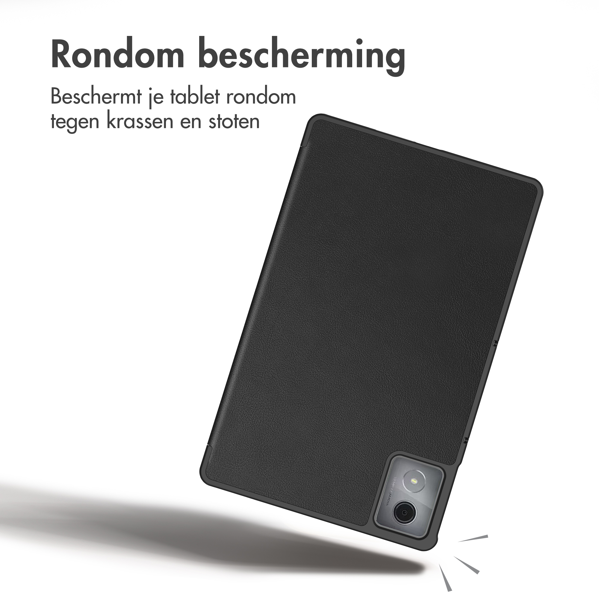 Zwarte tablethoes op witte achtergrond met tekst over rondom bescherming.