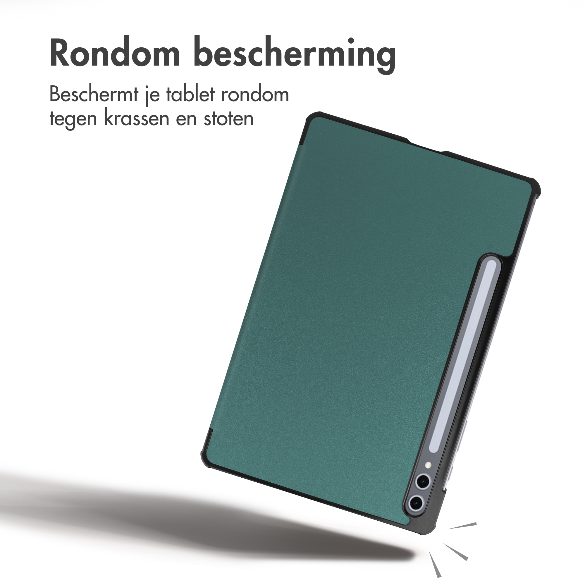 Custodia verde per tablet con stilo e testo in alto a sinistra su sfondo bianco.