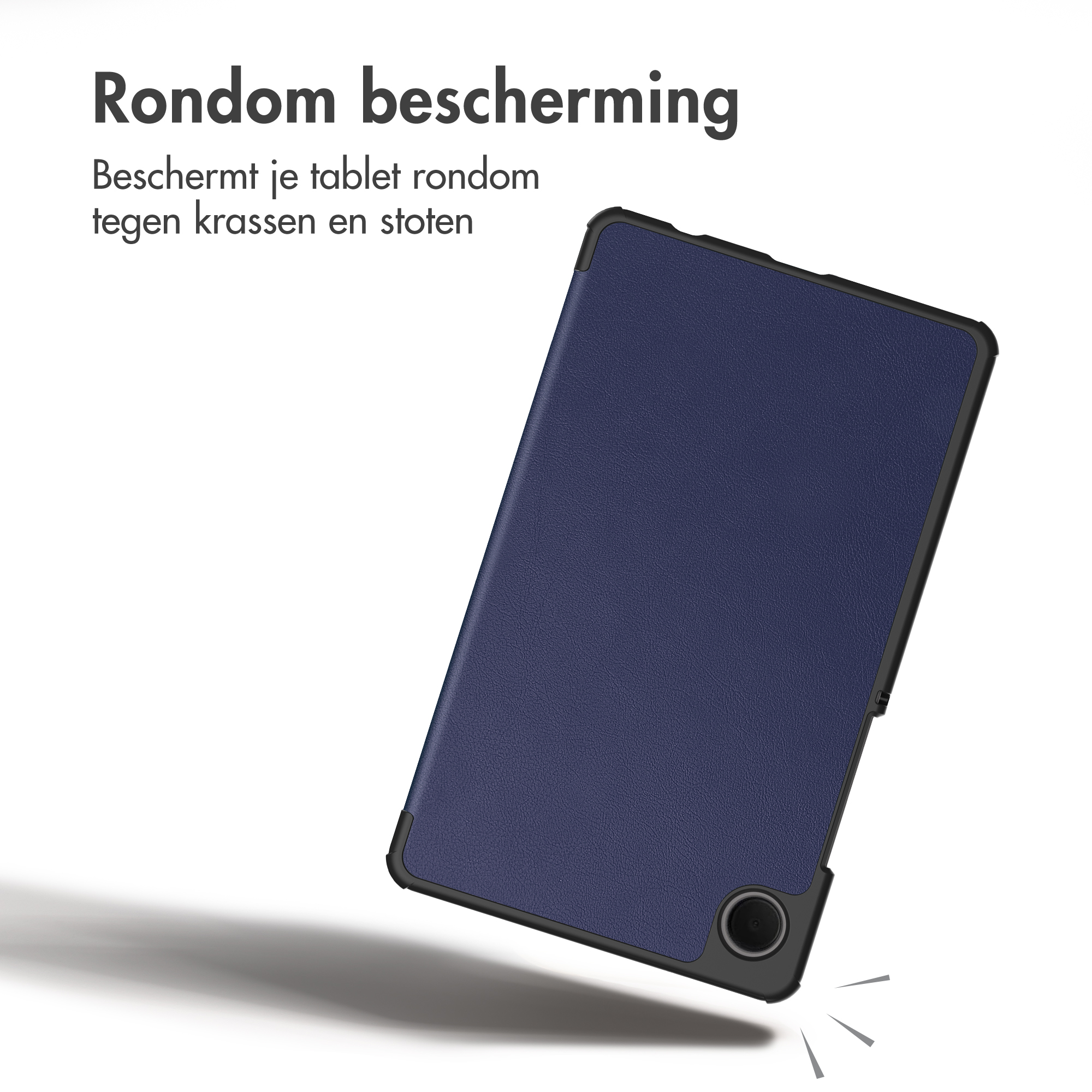 Blauwe tablethoes met zwarte rand tegen krassen en stoten op een witte achtergrond met tekst.