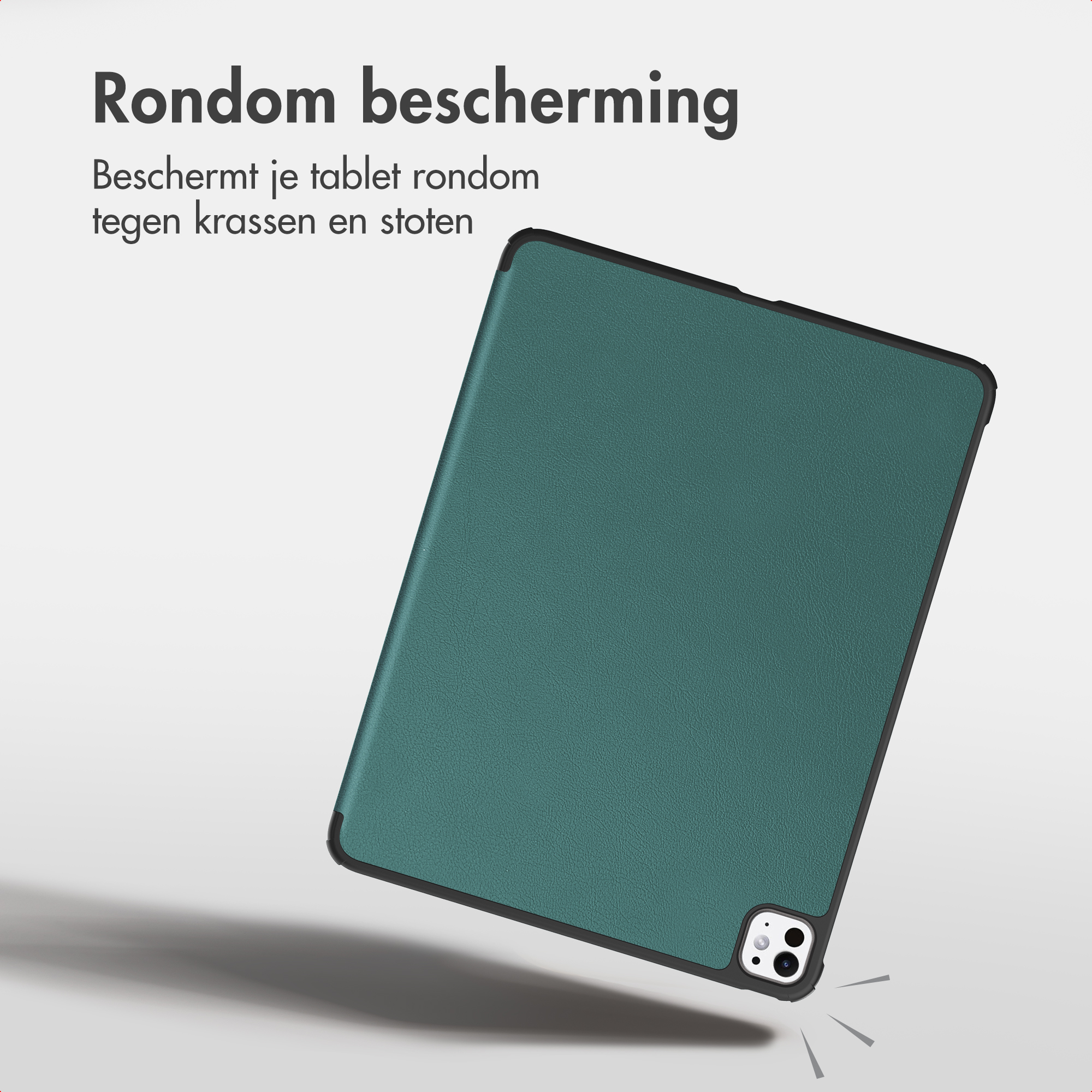 Una custodia verde per tablet con bordo nero fluttua su sfondo chiaro, testo a sinistra.
