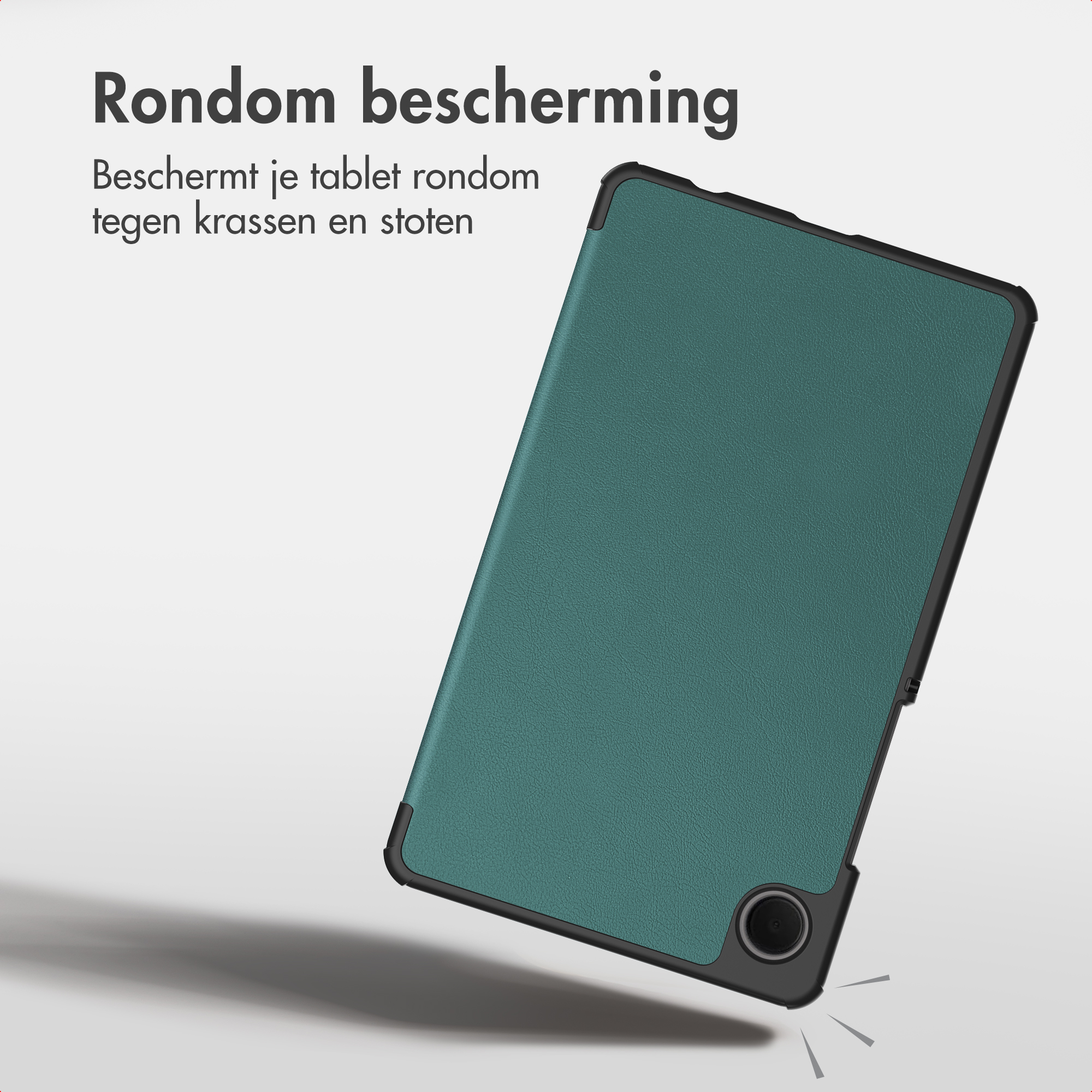 Eine türkisfarbene Tablethülle mit schwarzen Ecken wird vor grauem Hintergrund mit Text gezeigt.