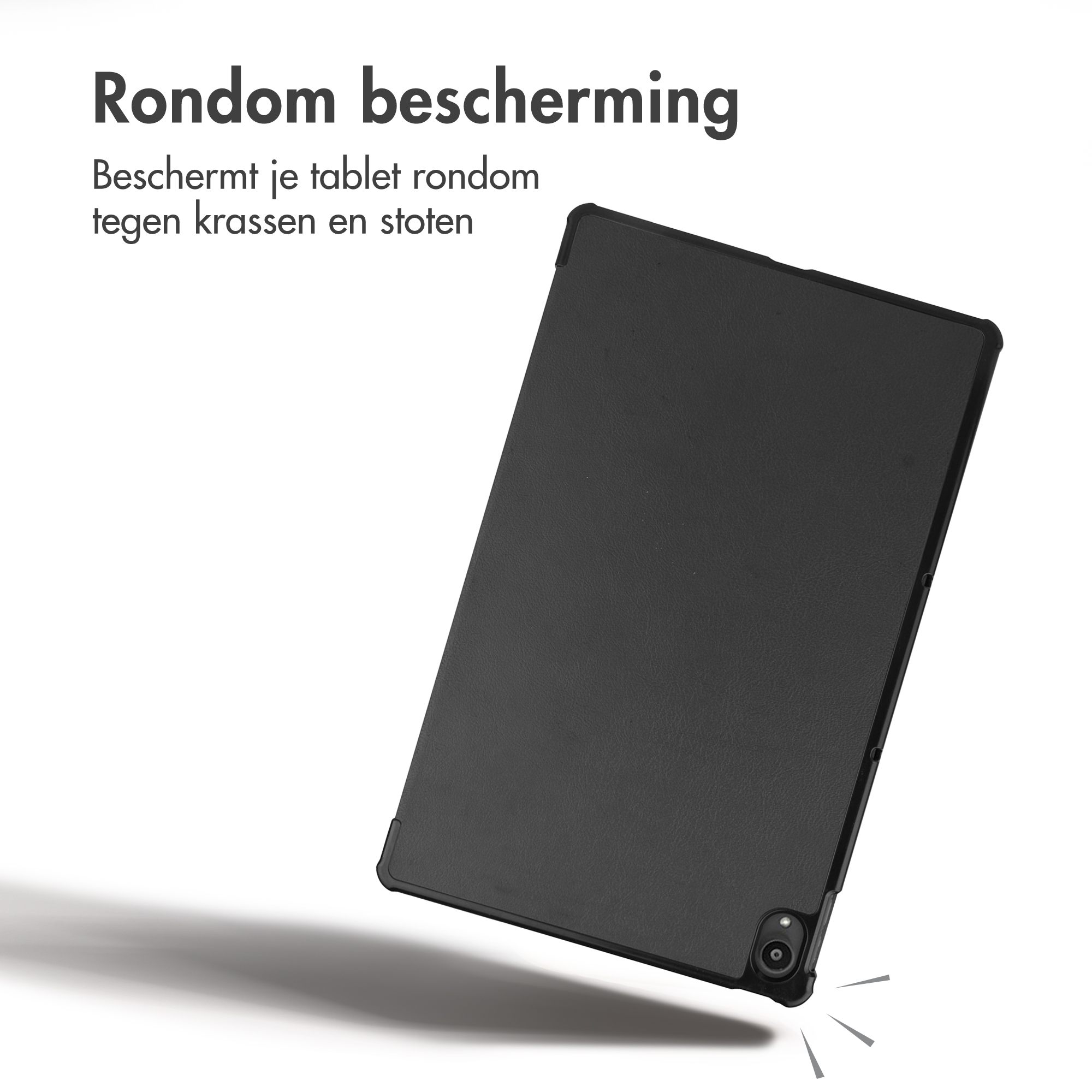 A black tablet in a protective case against drops and scratches with text in the background.