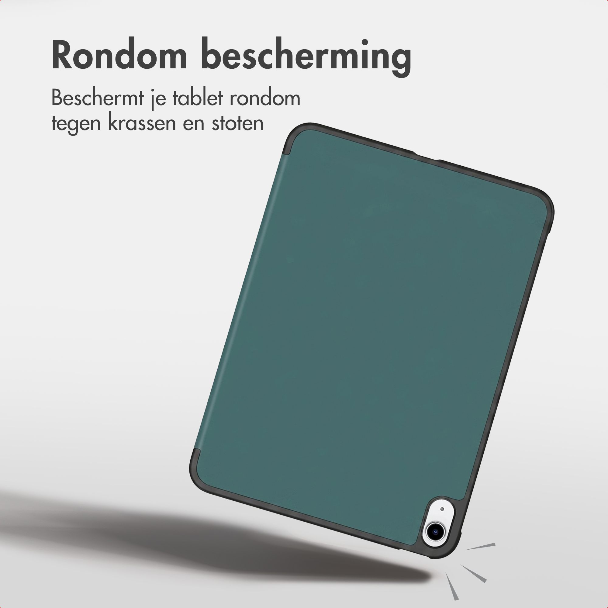 Dunkelgrüne Tablet-Hülle mit schwarzem Rahmen auf hellem Hintergrund und Text.
