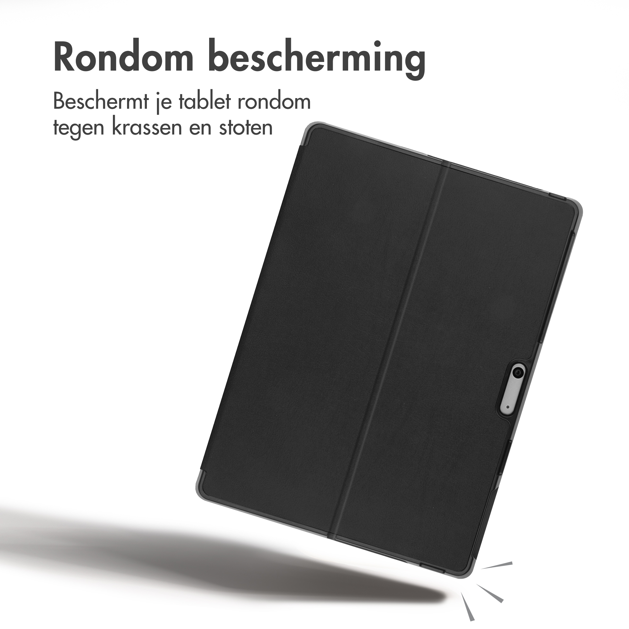 Zwarte beschermhoes voor tablet met Nederlandse tekst.