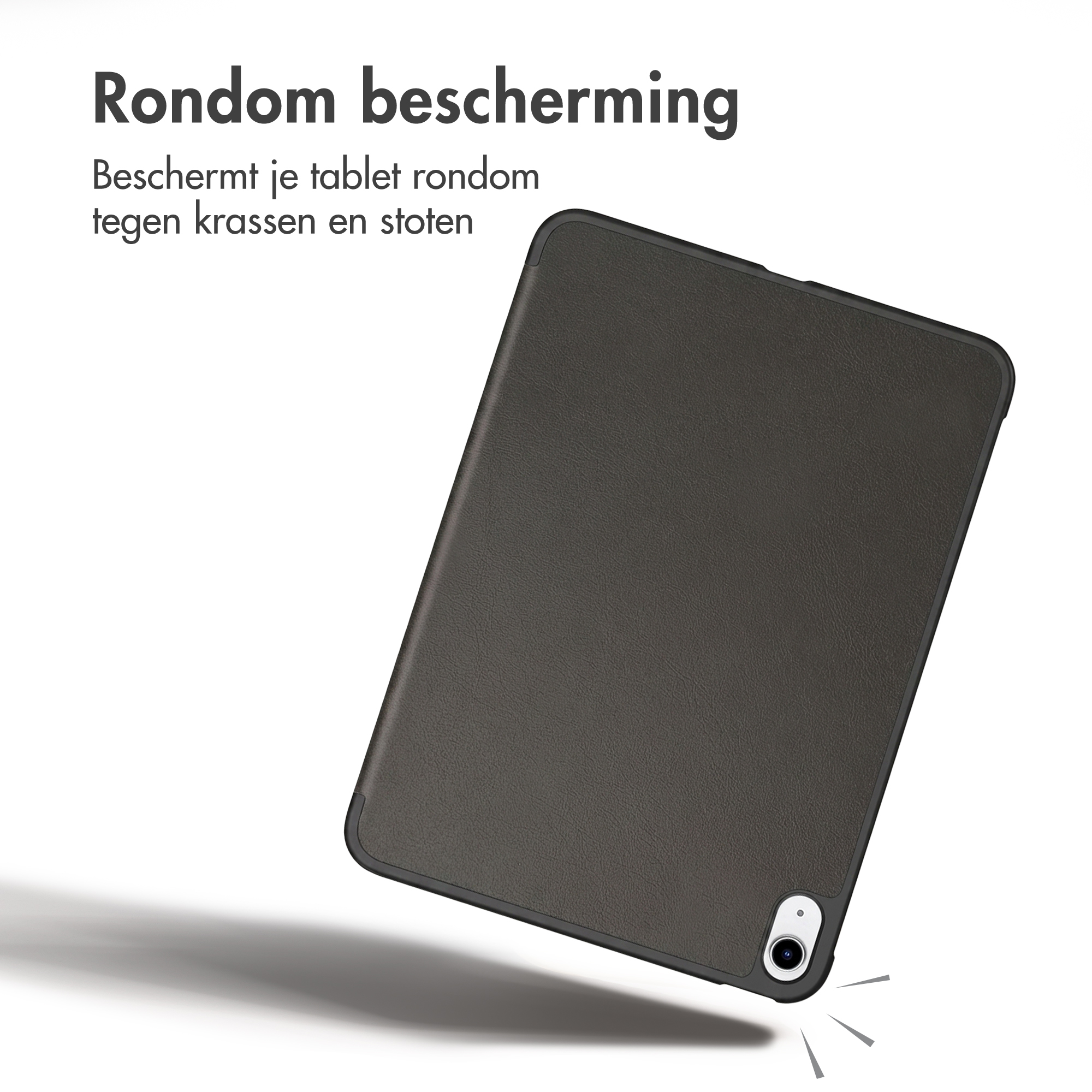 Ein graues Tablet in einer Schutzhülle schwebt vor weißem Hintergrund mit Text.