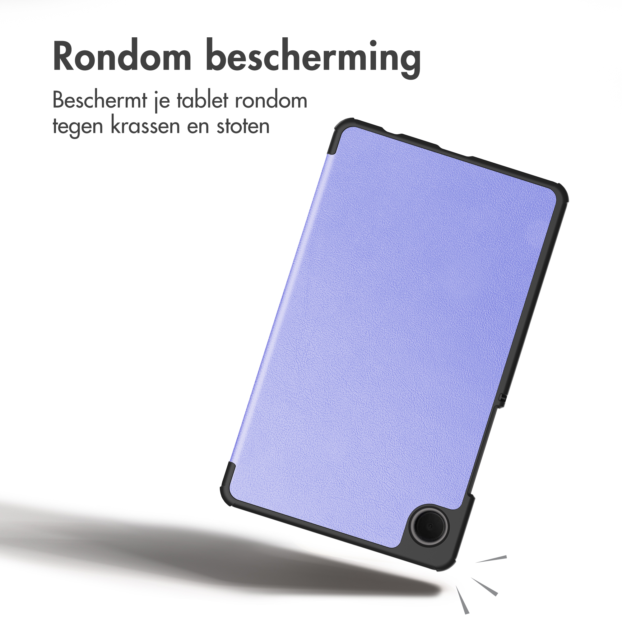Ein lila Tablet-Cover mit schwarzem Rahmen auf weißem Hintergrund mit Text.