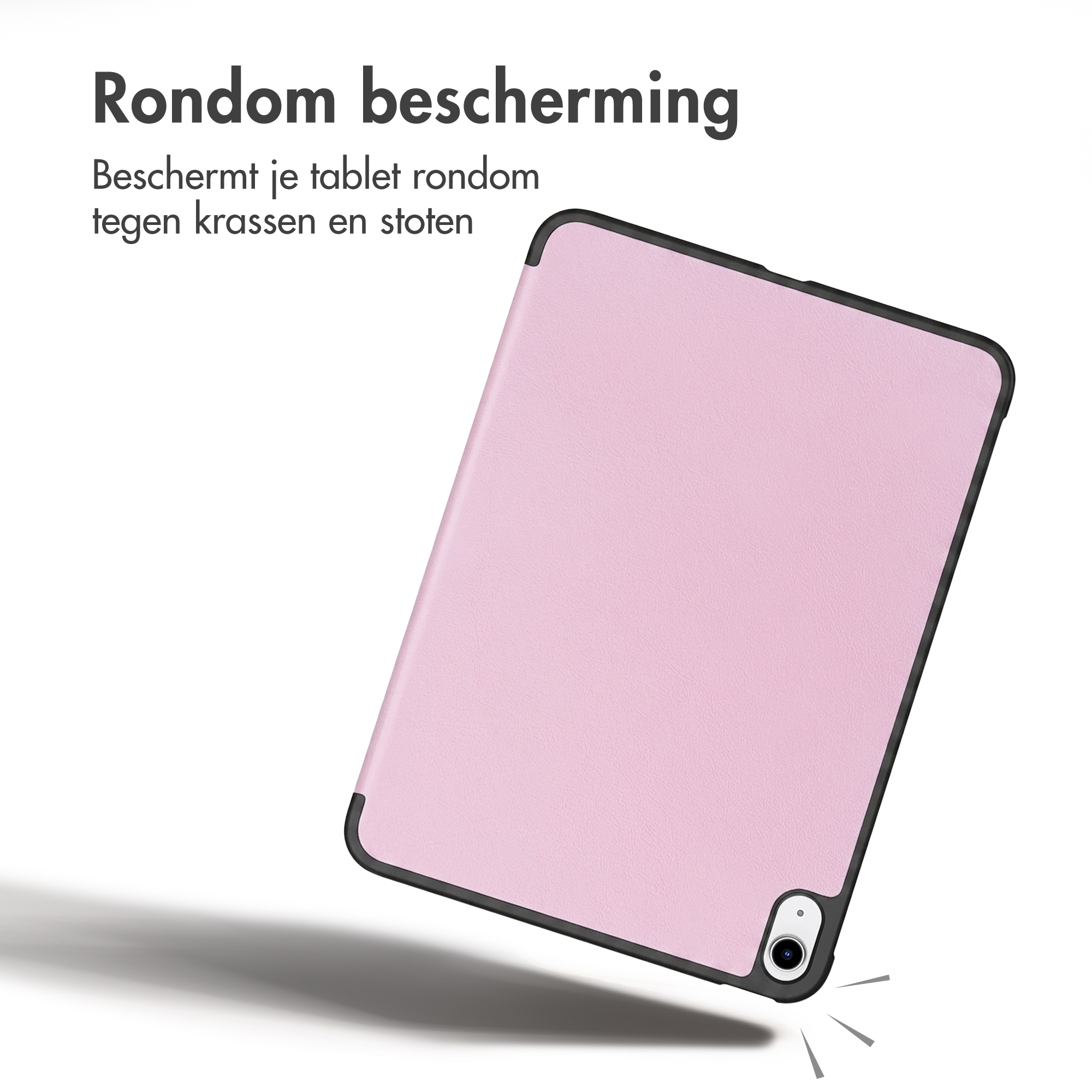 Rosa Tablethülle mit schwarzem Rand und Text oben links auf weißem Hintergrund.