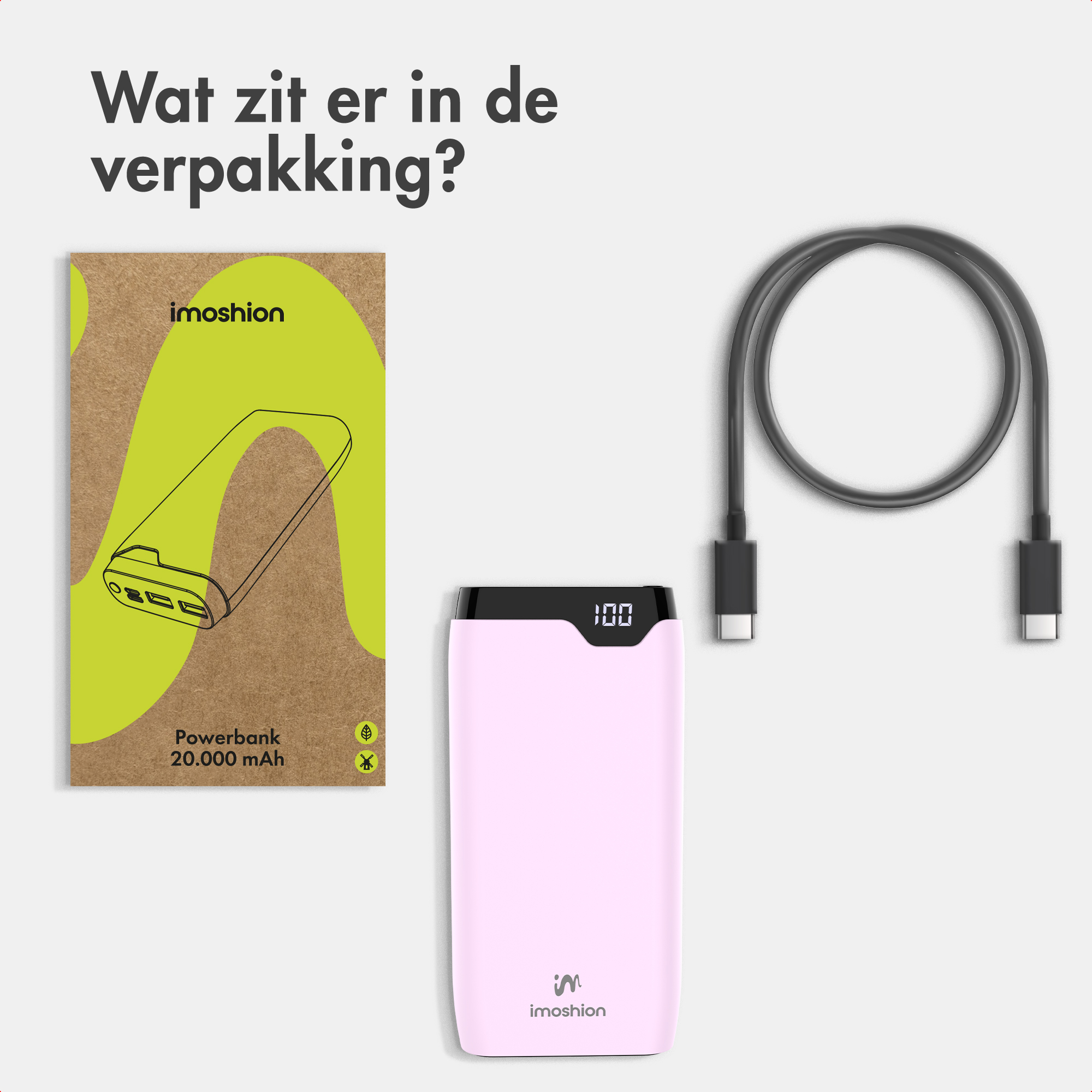 Inhoud verpakking: Imoshion 20.000 mAh powerbank, handleiding en een zwarte oplaadkabel op een lichte achtergrond.