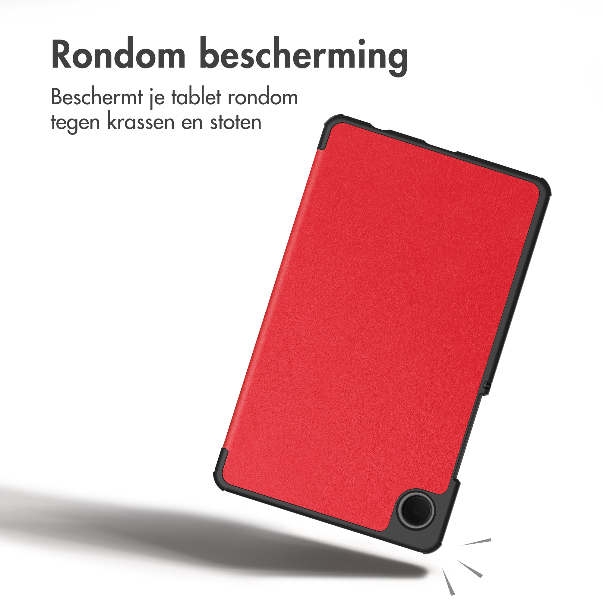 Eine rote Tablethülle mit schwarzen Ecken und niederländischem Text auf weißem Hintergrund.