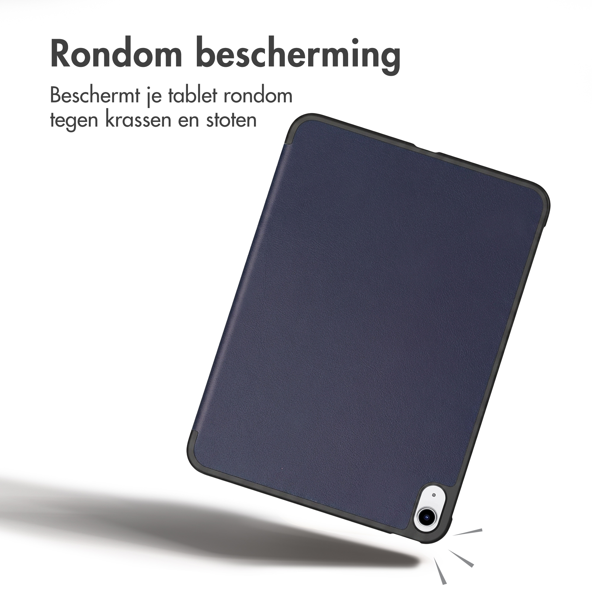 Custodia protettiva blu per tablet con bordo nero e foro per fotocamera su sfondo bianco.