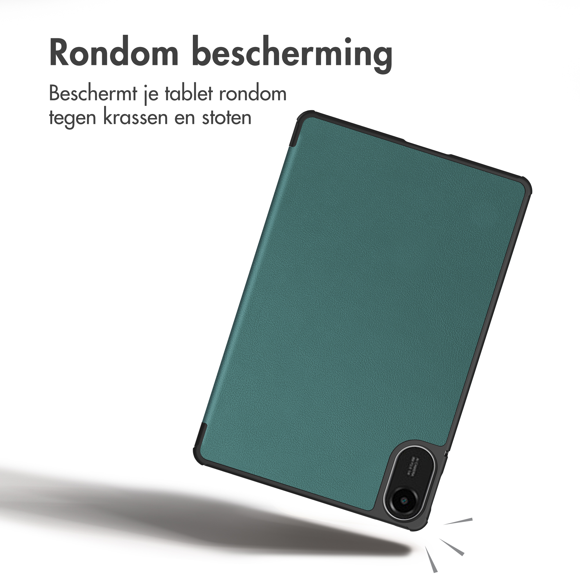 Tablet inside a green protective case with text at the top left.