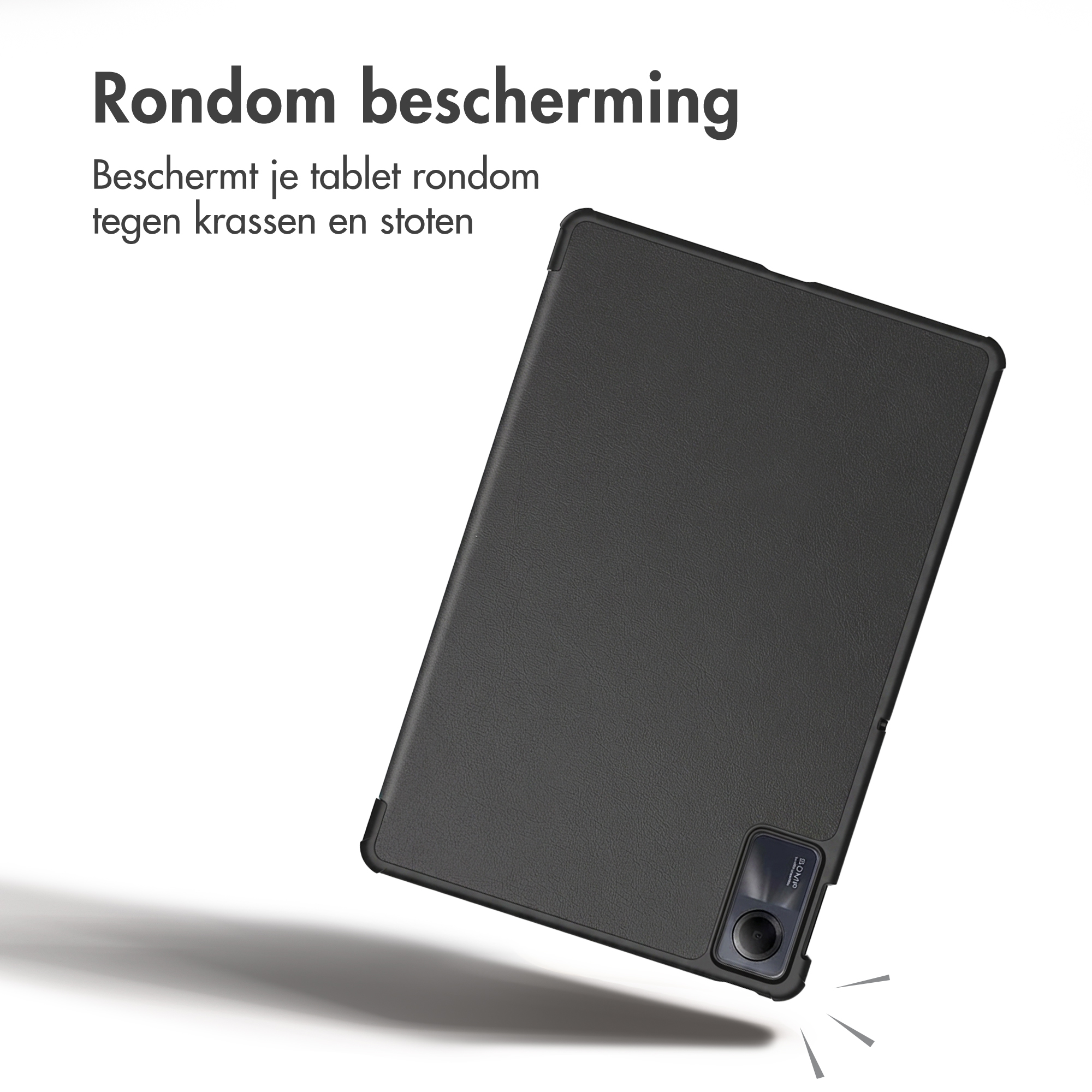 A black tablet in a protective case floats against a white background with Dutch text.