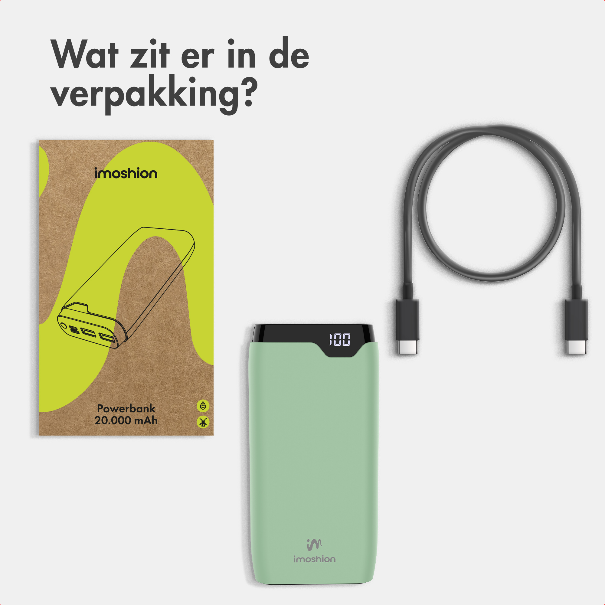 Contenuto della confezione della power bank Imoshion 20000 mAh: una power bank verde, un cavo USB-C e un manuale.