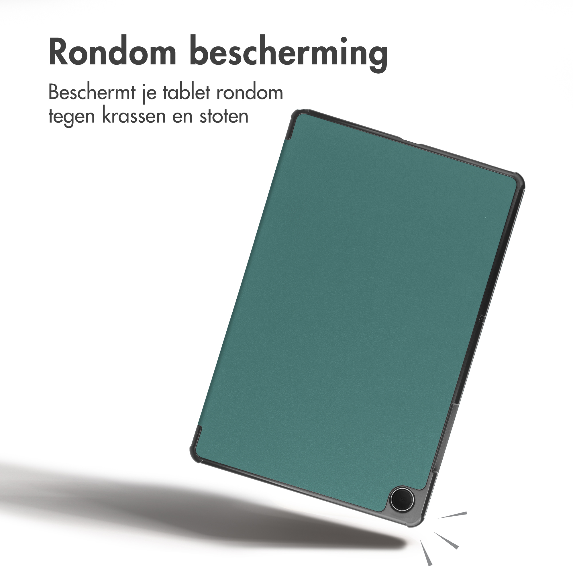 Un tablet verde acqua in custodia protettiva con testo in olandese.