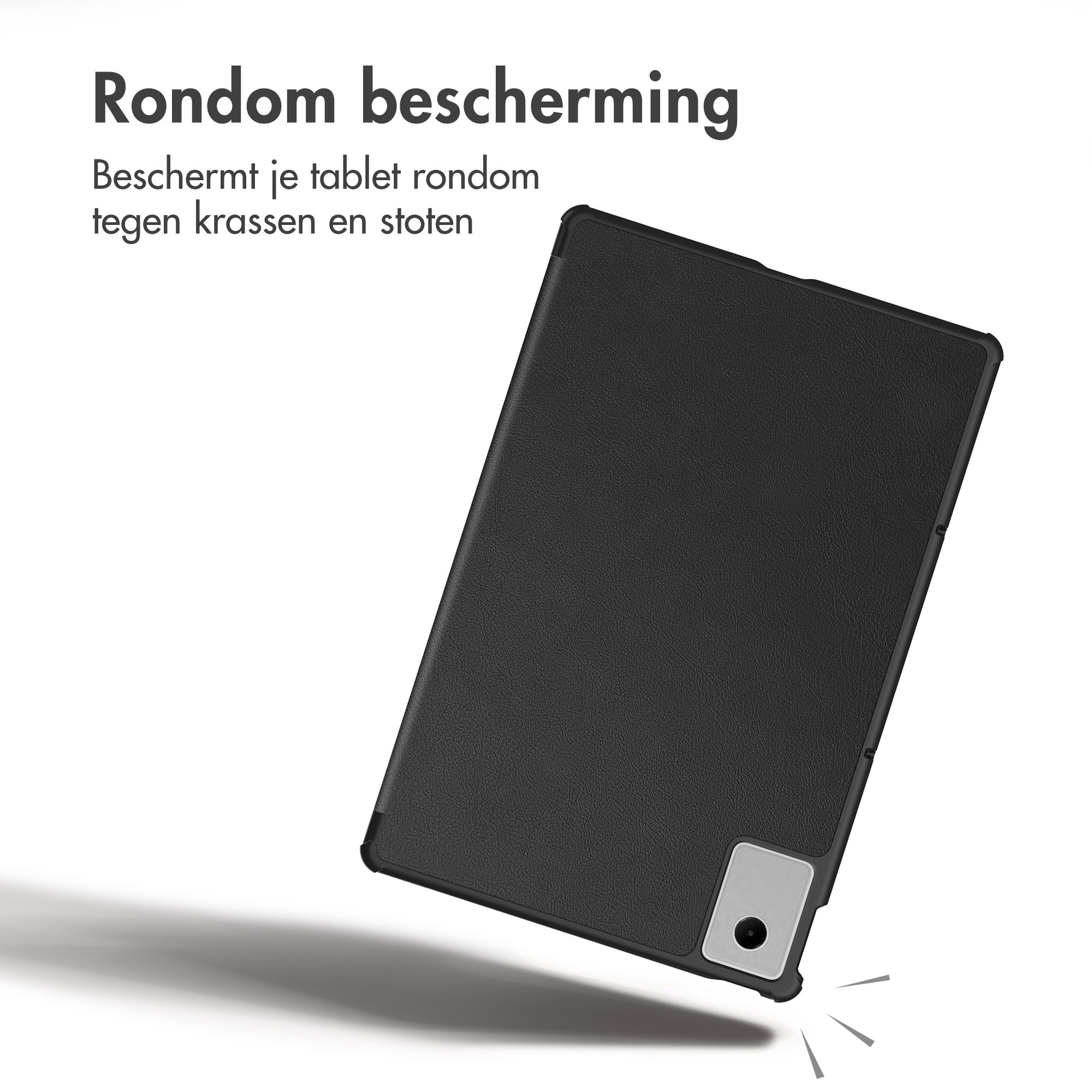 Black tablet case on white background with text at top left.