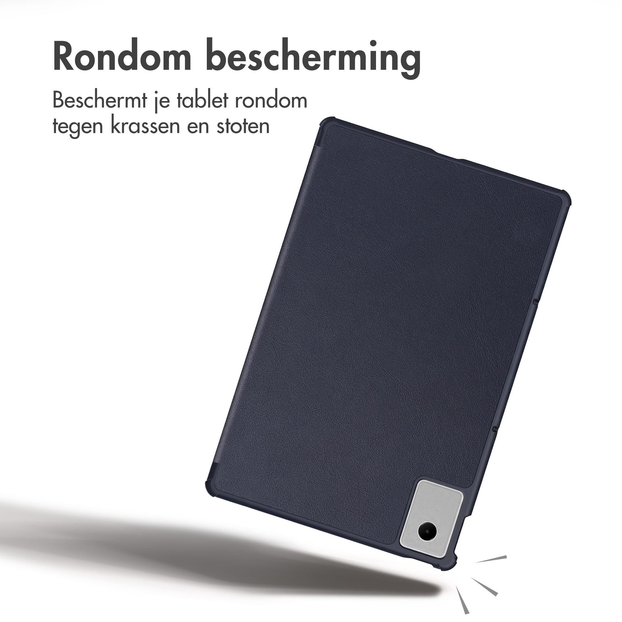 Dark blue tablet case with camera cutout and Dutch promotional text.
