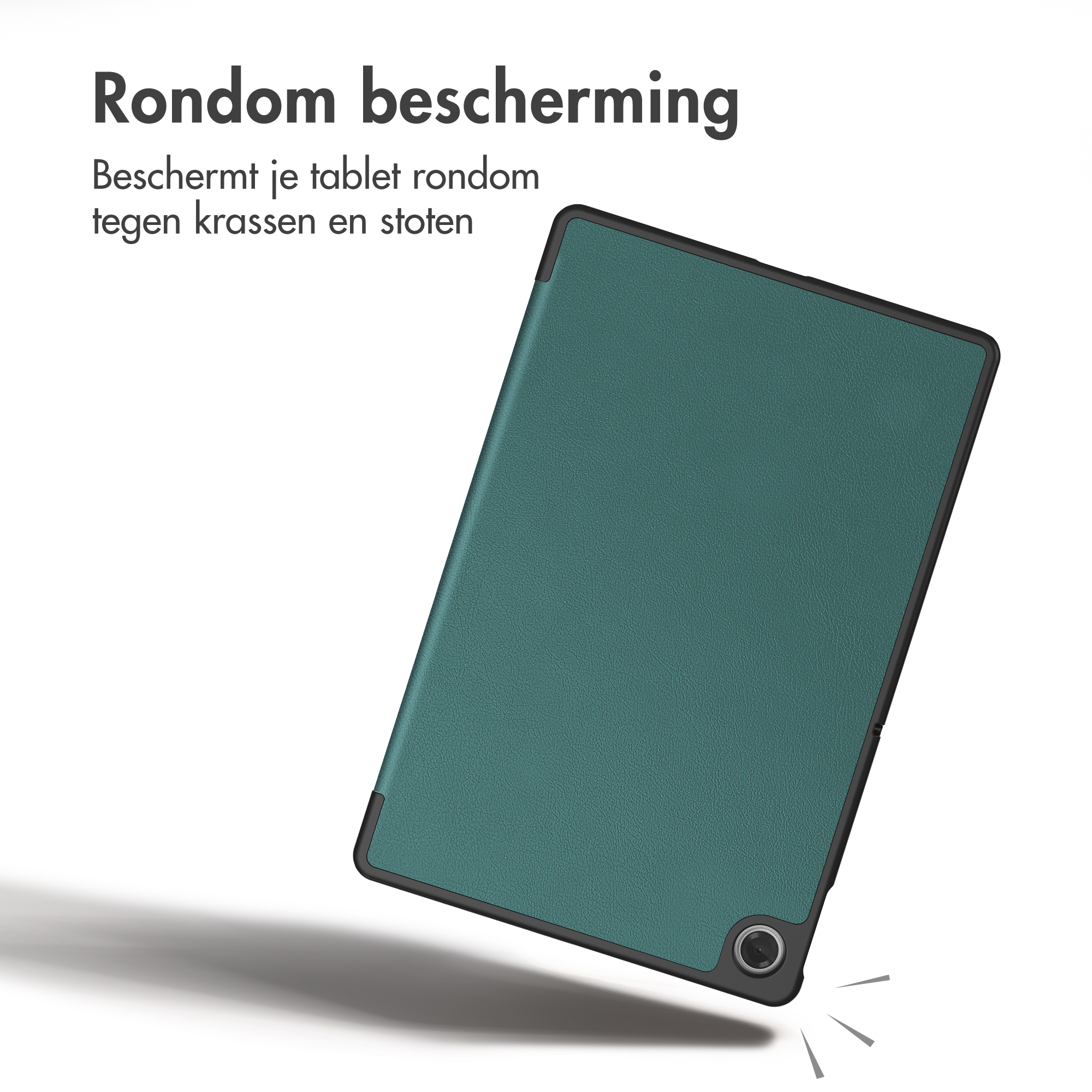 Tablet in een groene beschermhoes met tekst linksboven.