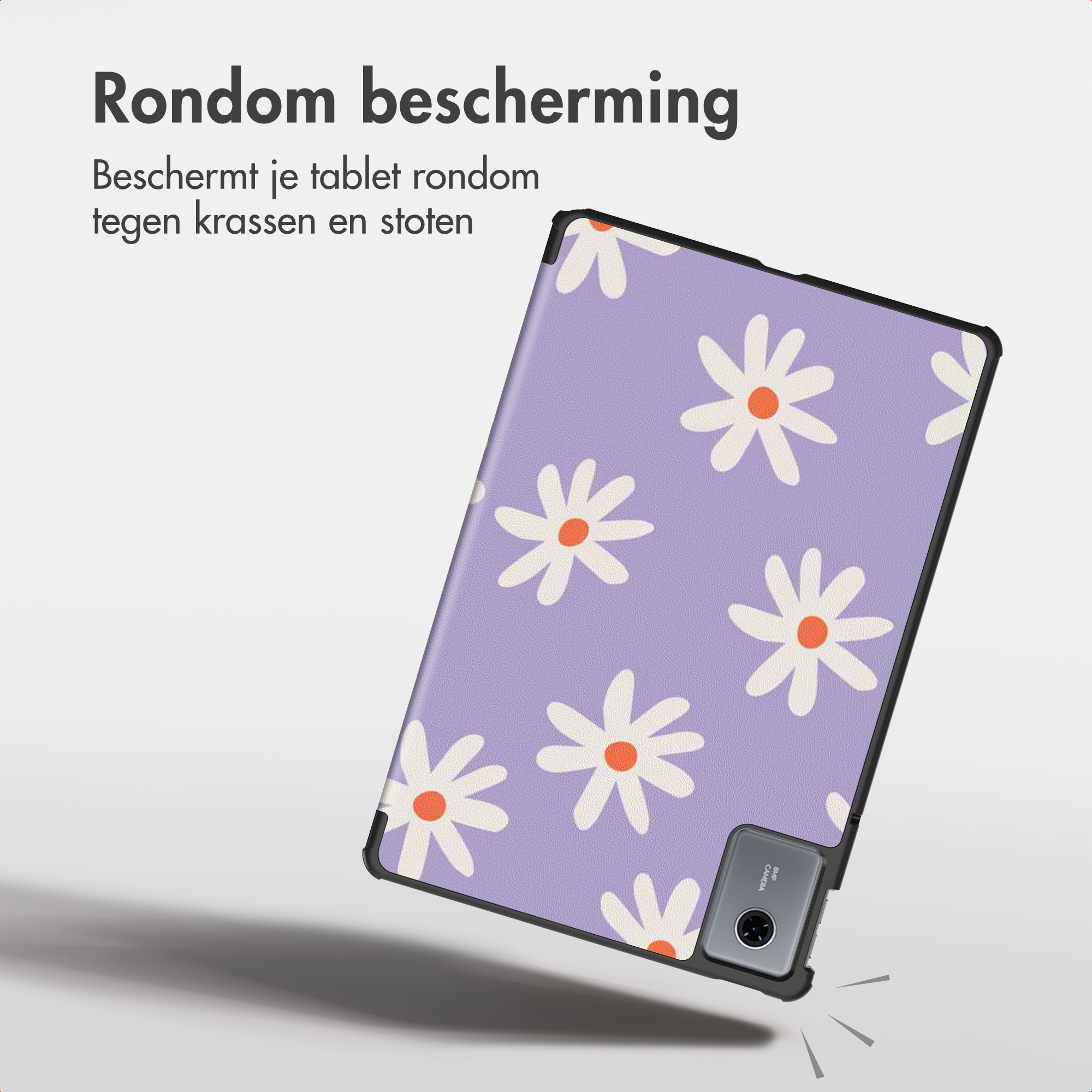 A purple tablet case featuring a white daisy pattern against a white background.