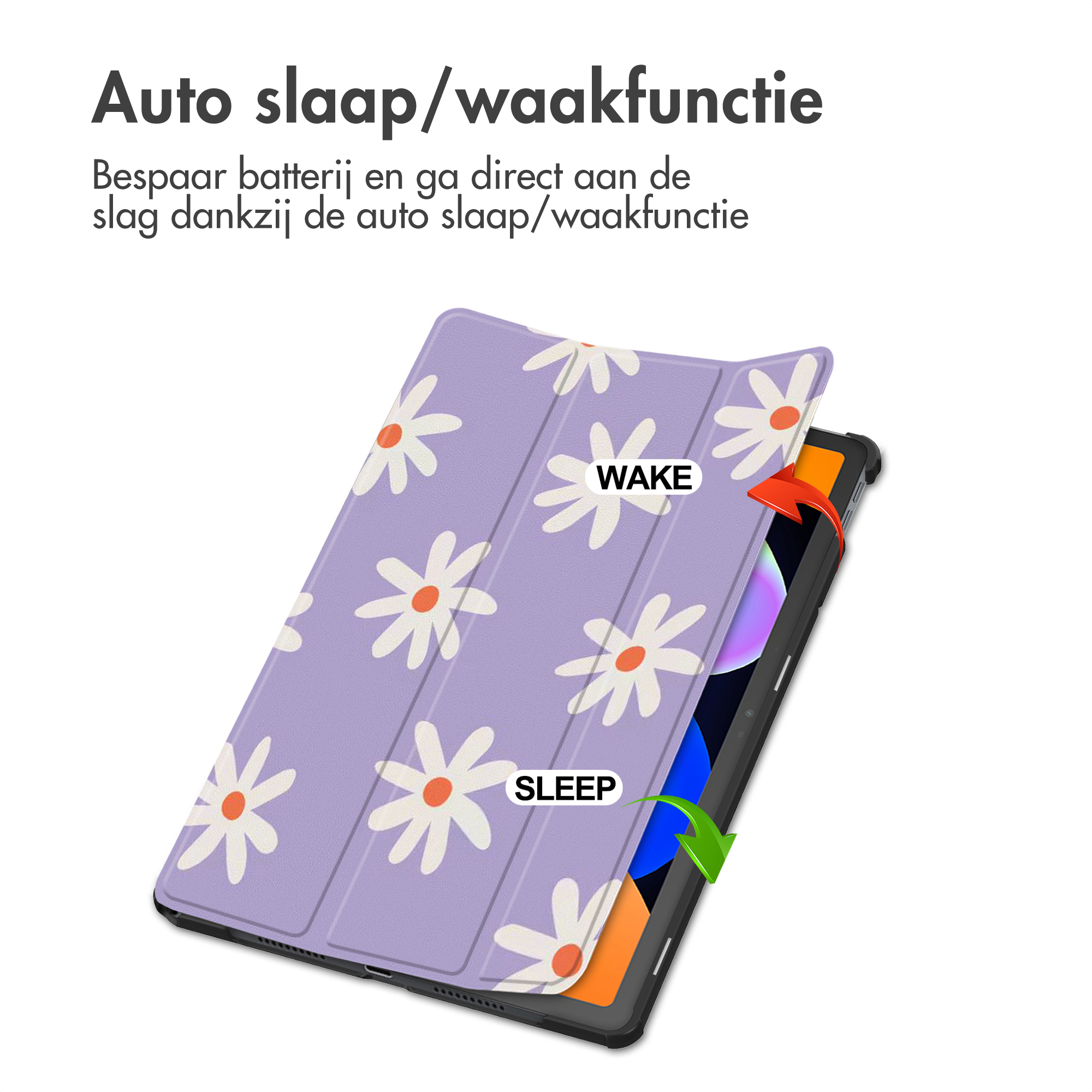 A tablet in a purple case with white daisy pattern and text about the auto sleep wake function.