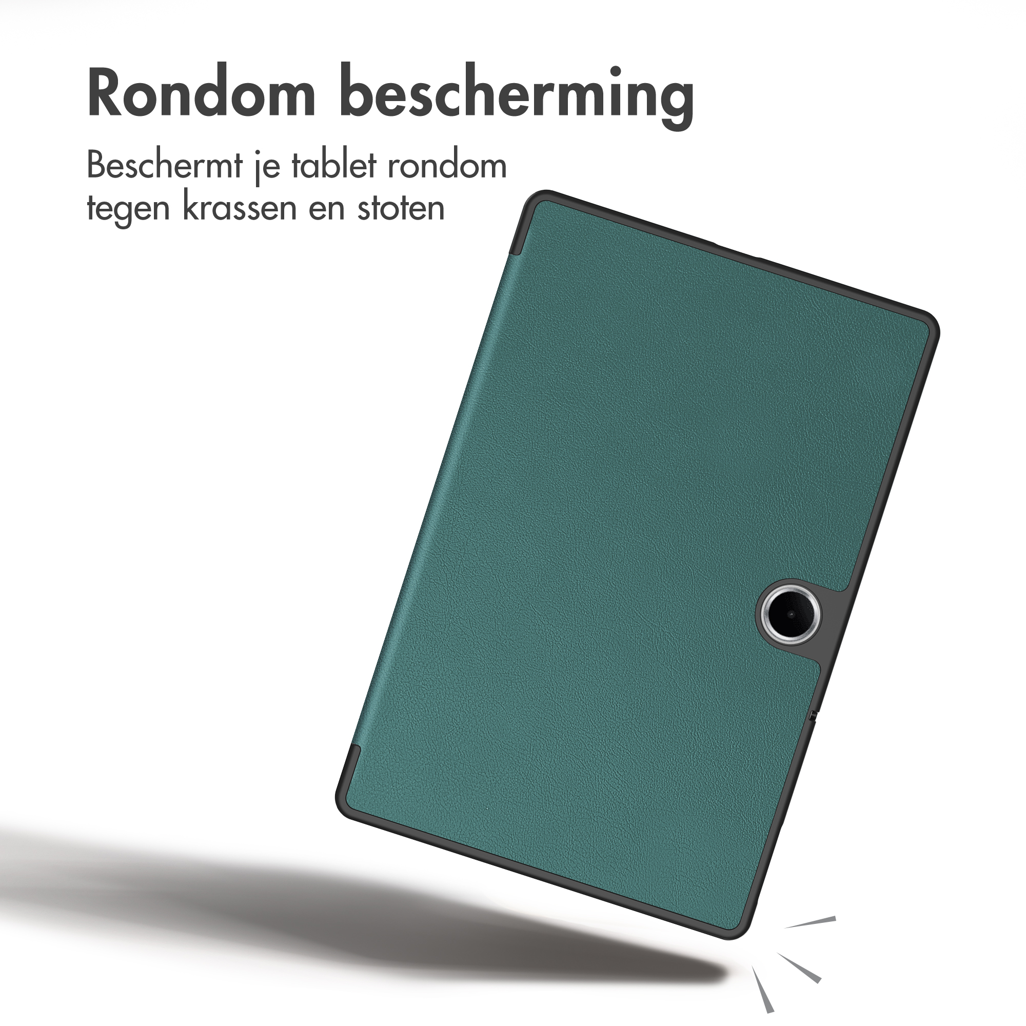 A teal tablet case with a camera cutout on a white background, featuring Dutch text.