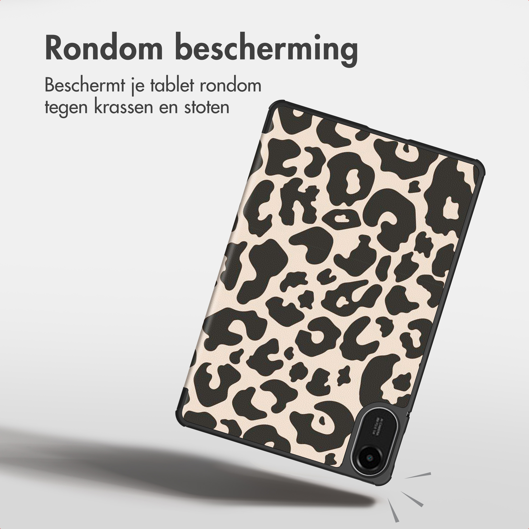 A tablet in a leopard-print case, set against a white background with text.
