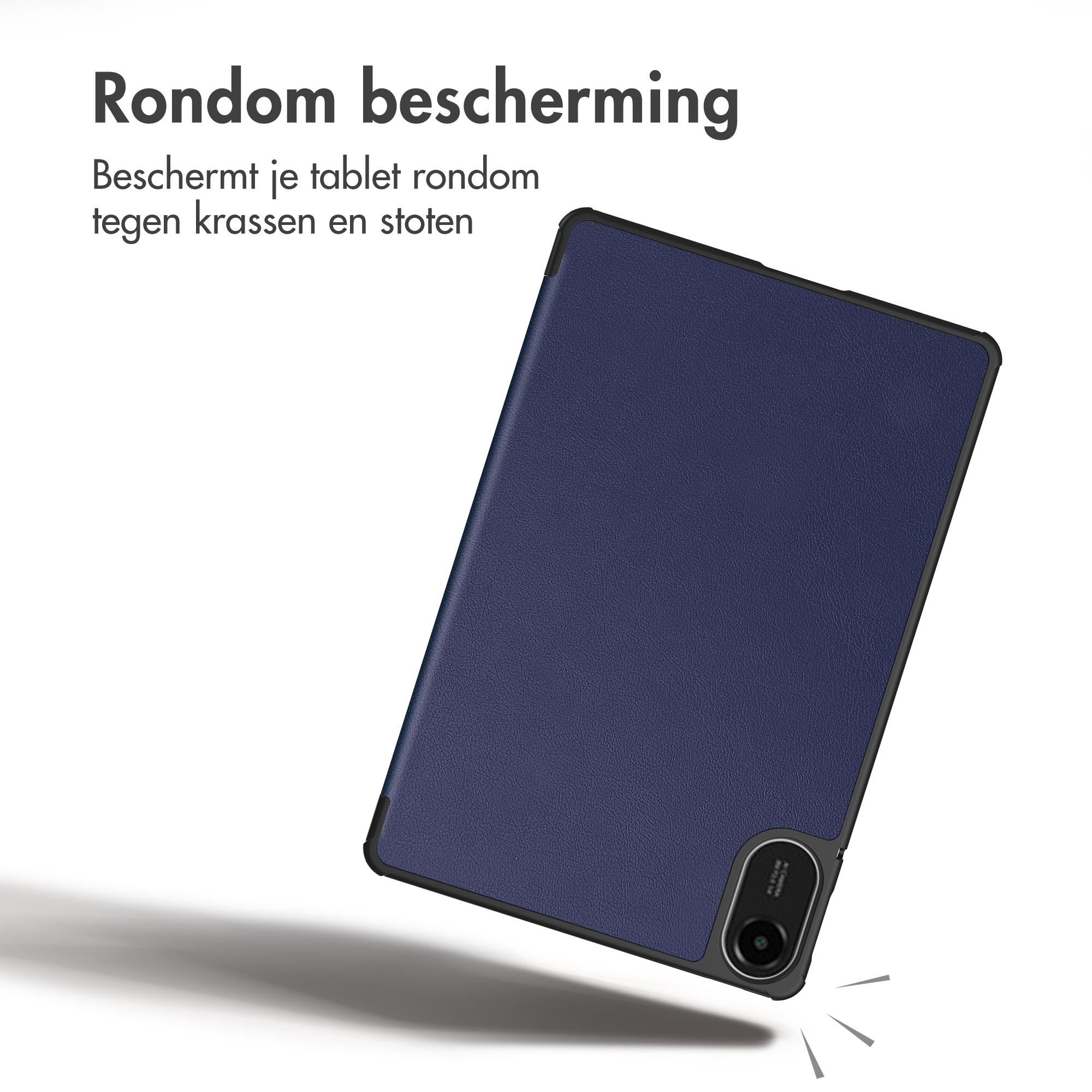 Blue tablet case with camera cutout and white text in top left.