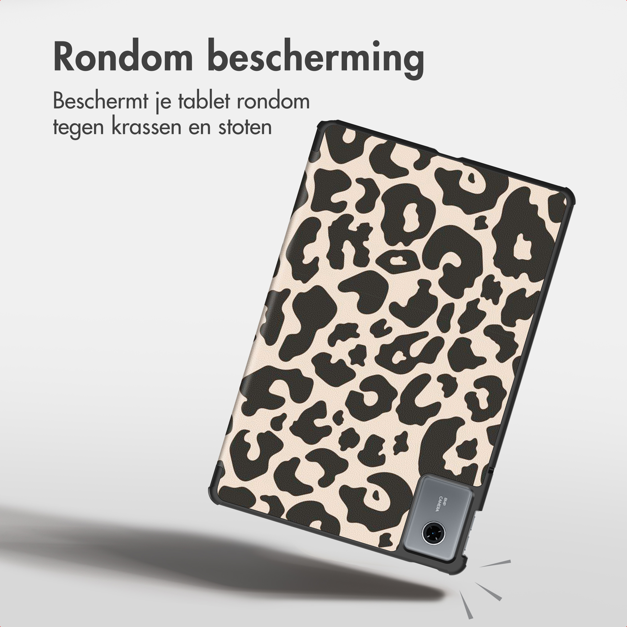 A tablet in a leopard-print case with Dutch text on a light background.
