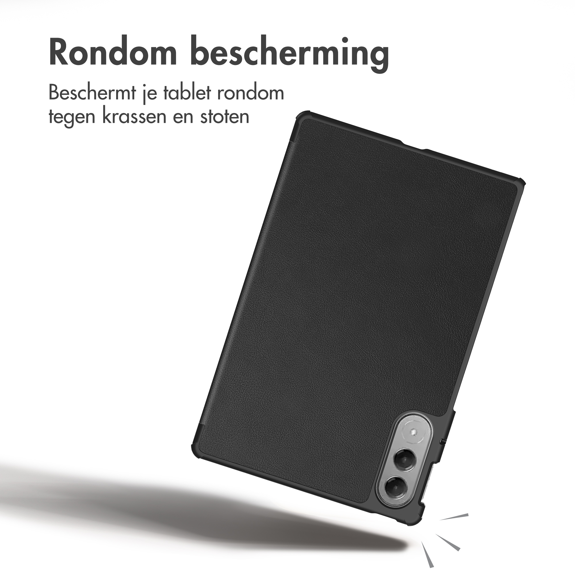 Black protective tablet case with camera cutout on a white background with text.