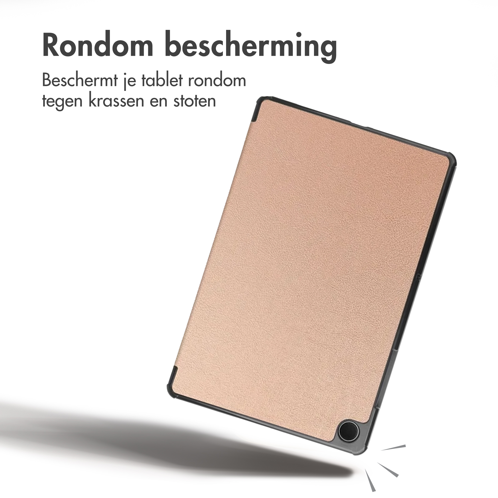 A pink tablet case shown against a white background with text.