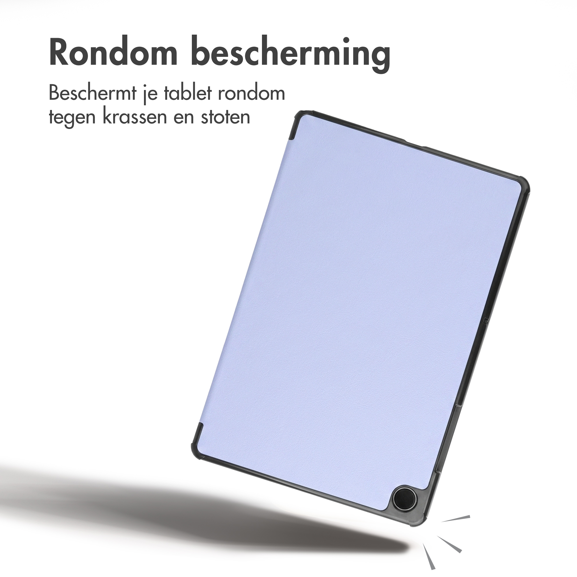 Paarse tablethoes met zwarte rand tegen krassen en stoten op witte achtergrond met tekst.