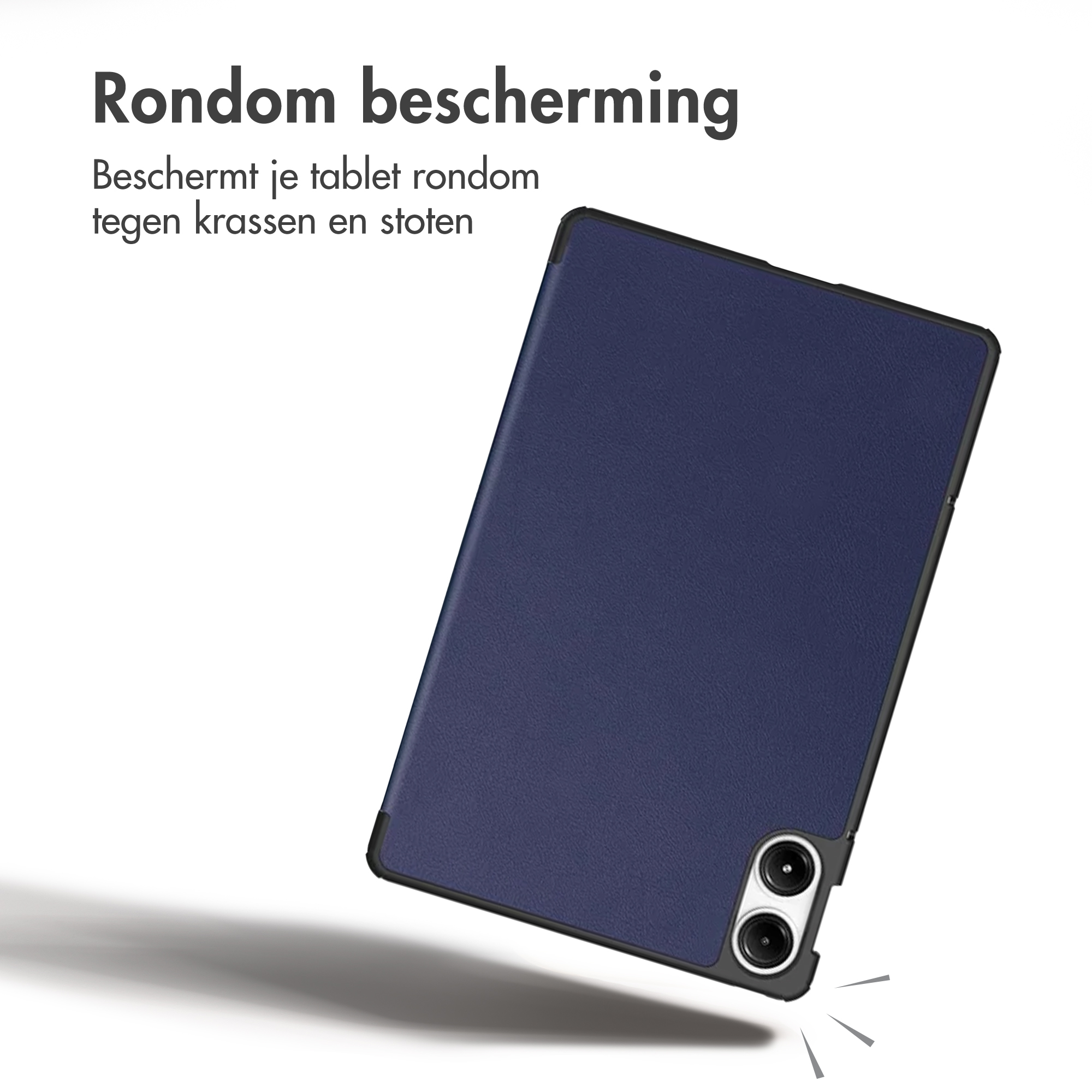 A dark blue tablet protective case with Dutch text against a white background.