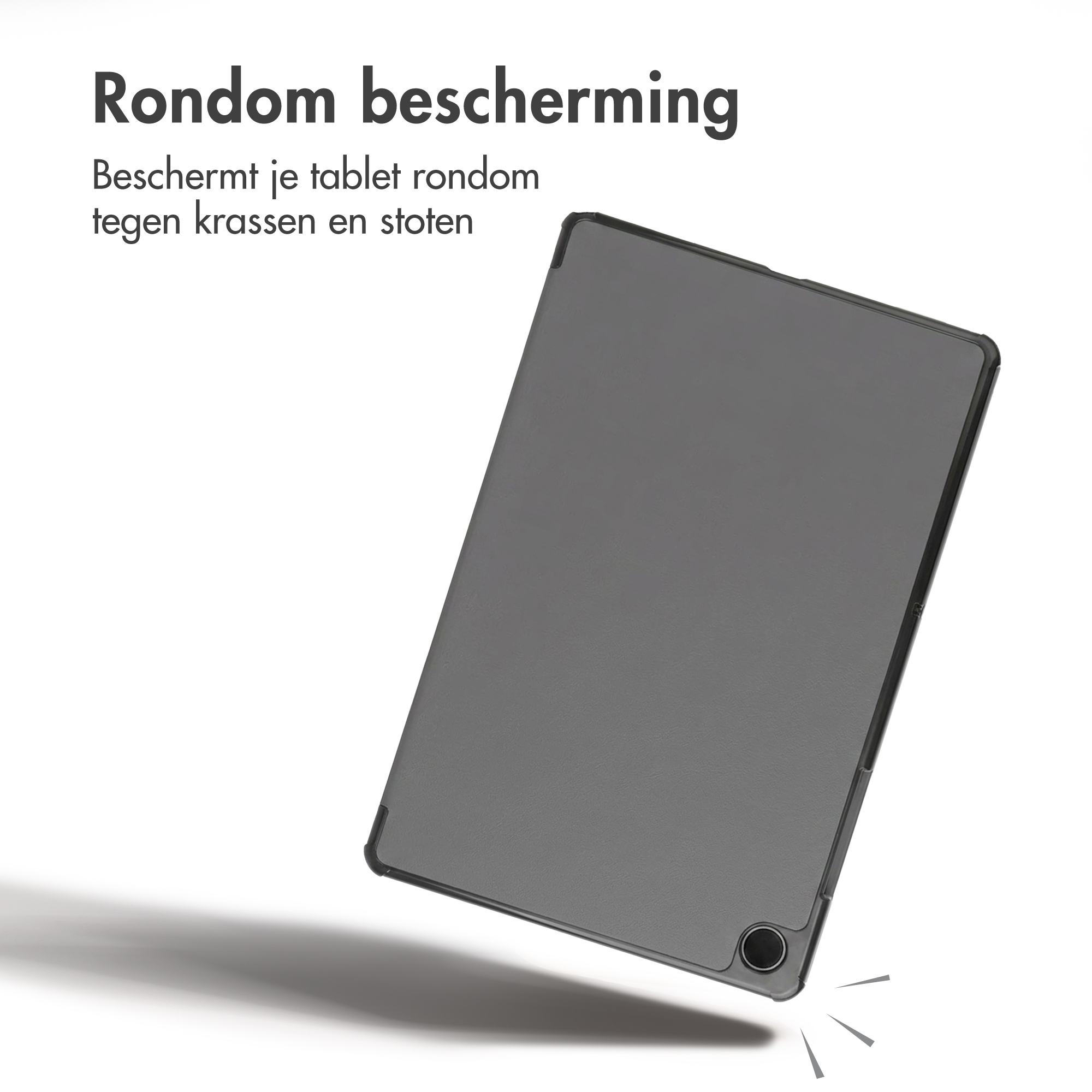 A gray tablet in a protective case against scratches and bumps on a white background.