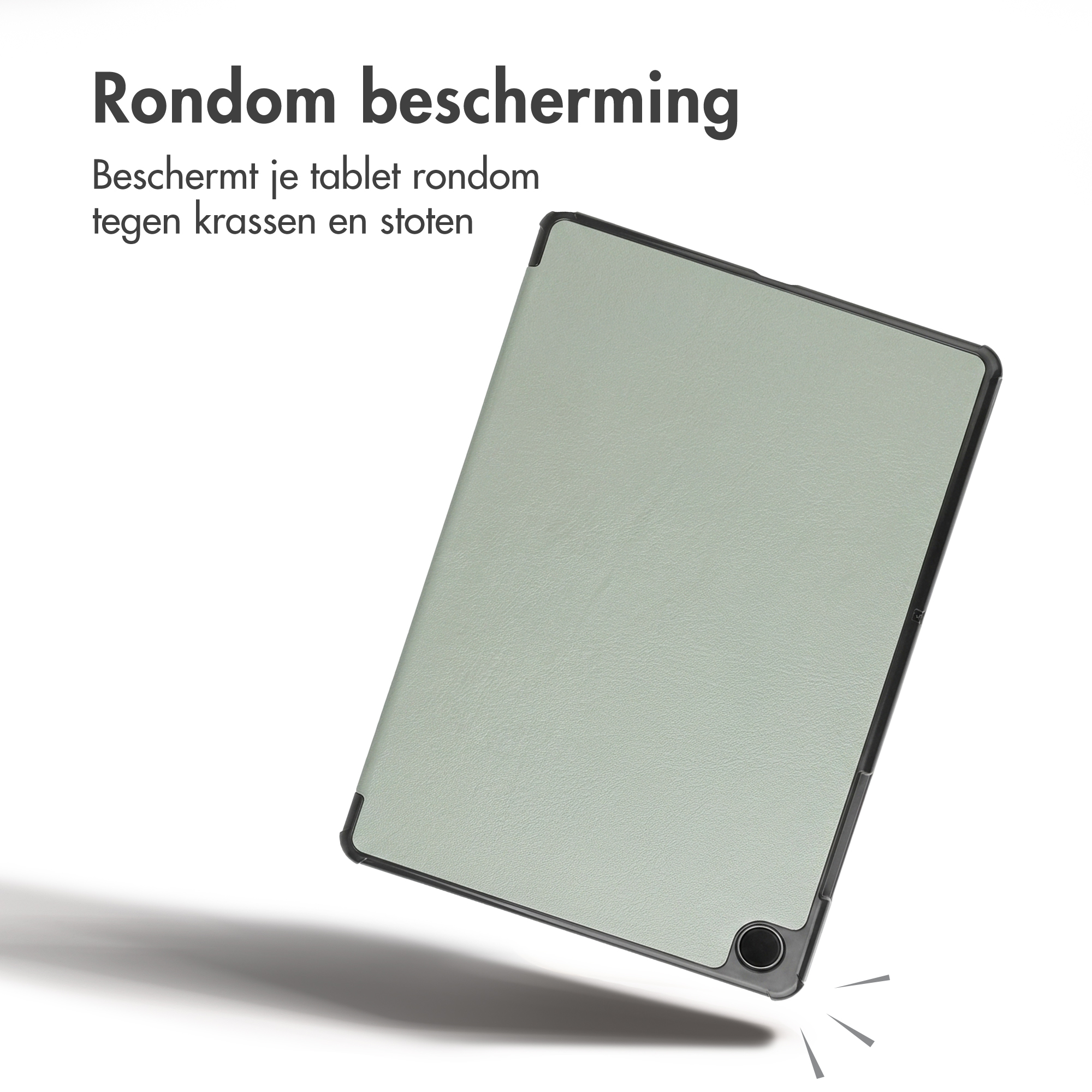 A grey tablet in a case with text and shadow on a white background.