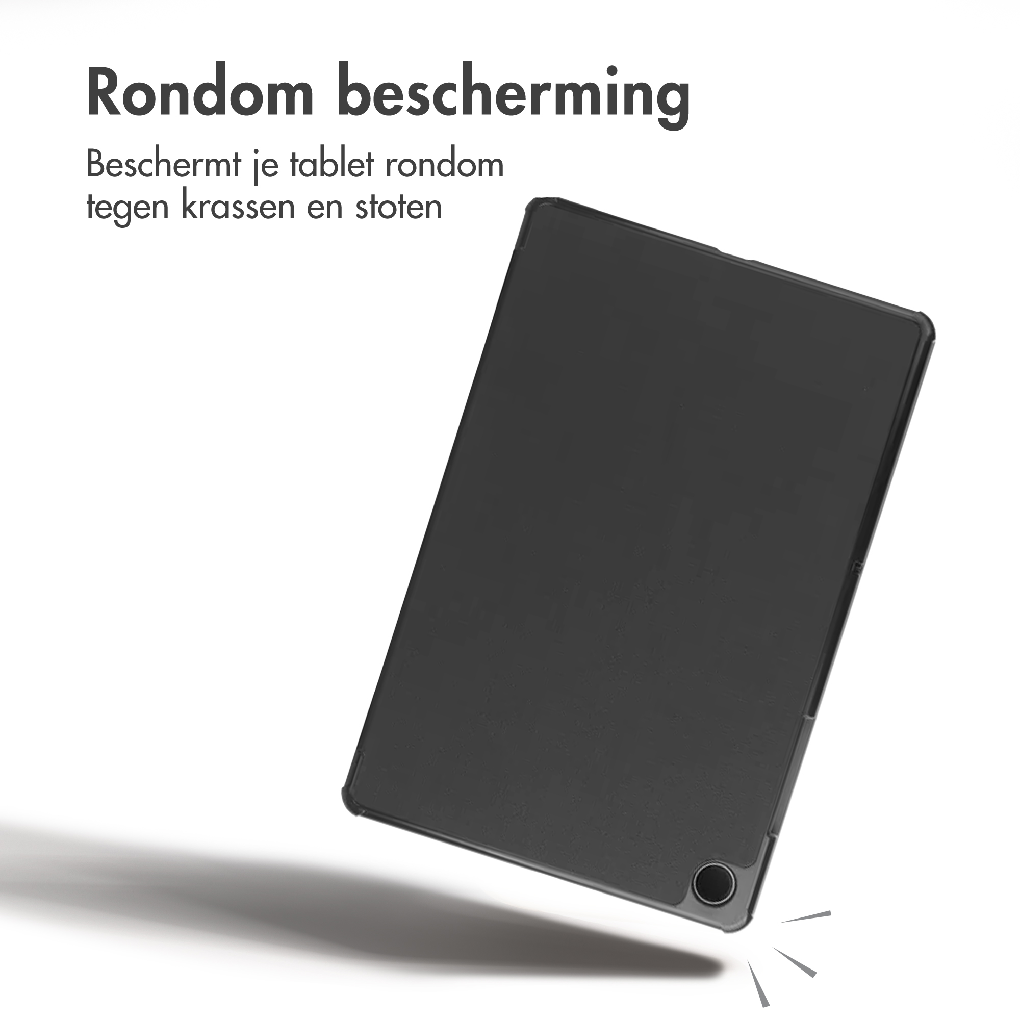 A black tablet in a protective case on a white background with Dutch text.