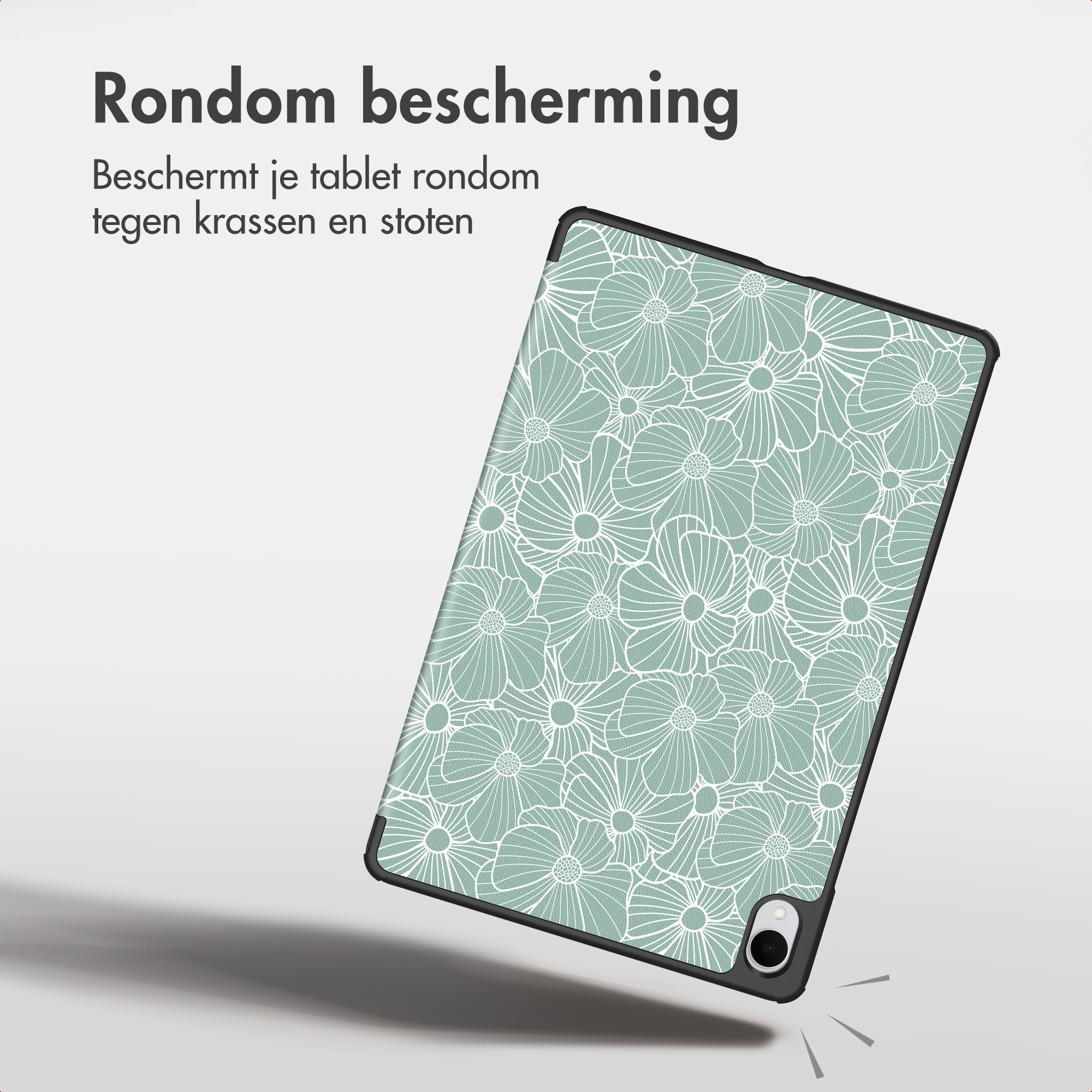 A tablet in a mint green protective case featuring a white floral pattern and Dutch text.