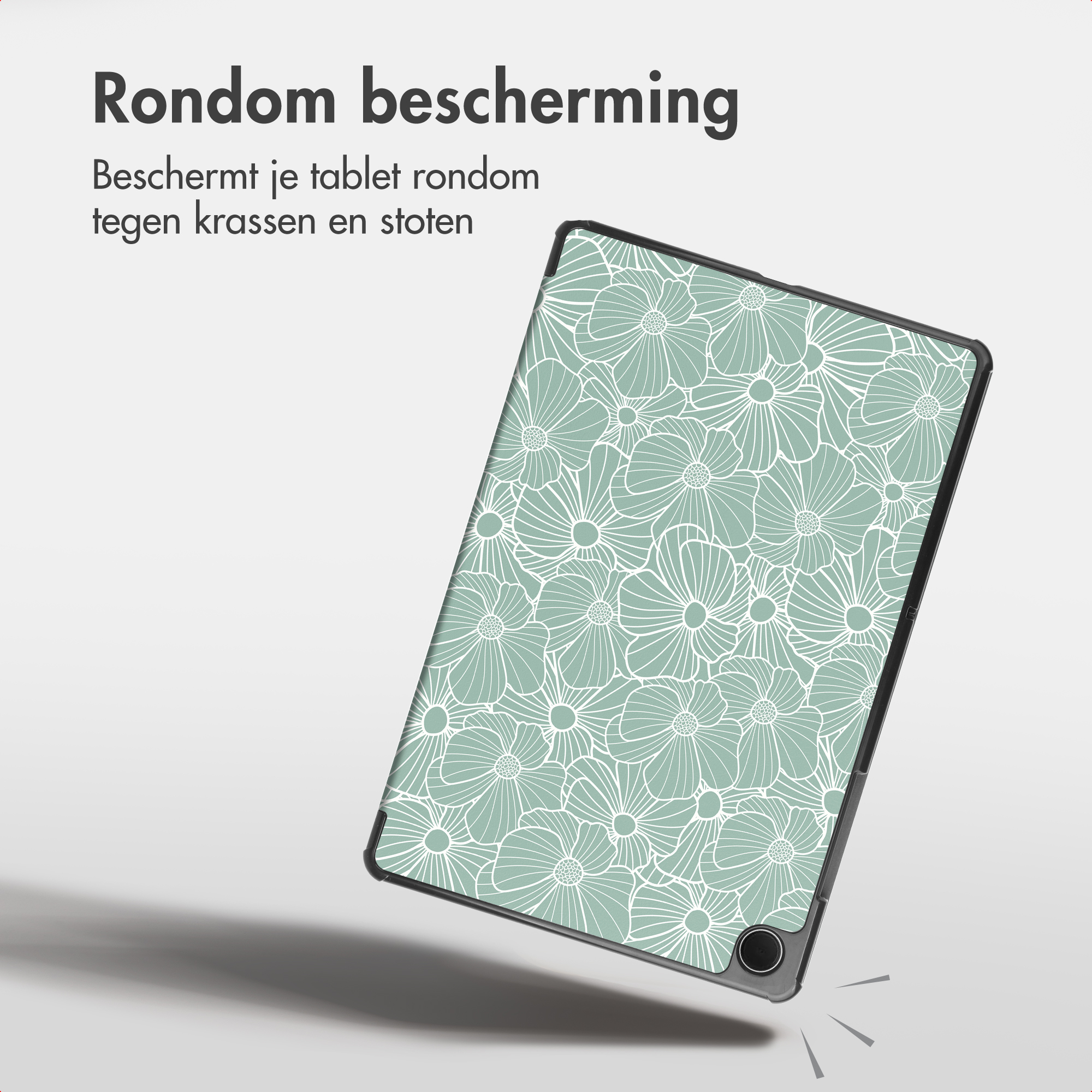 A tablet with a light green floral case is shown floating against a light background with Dutch text.