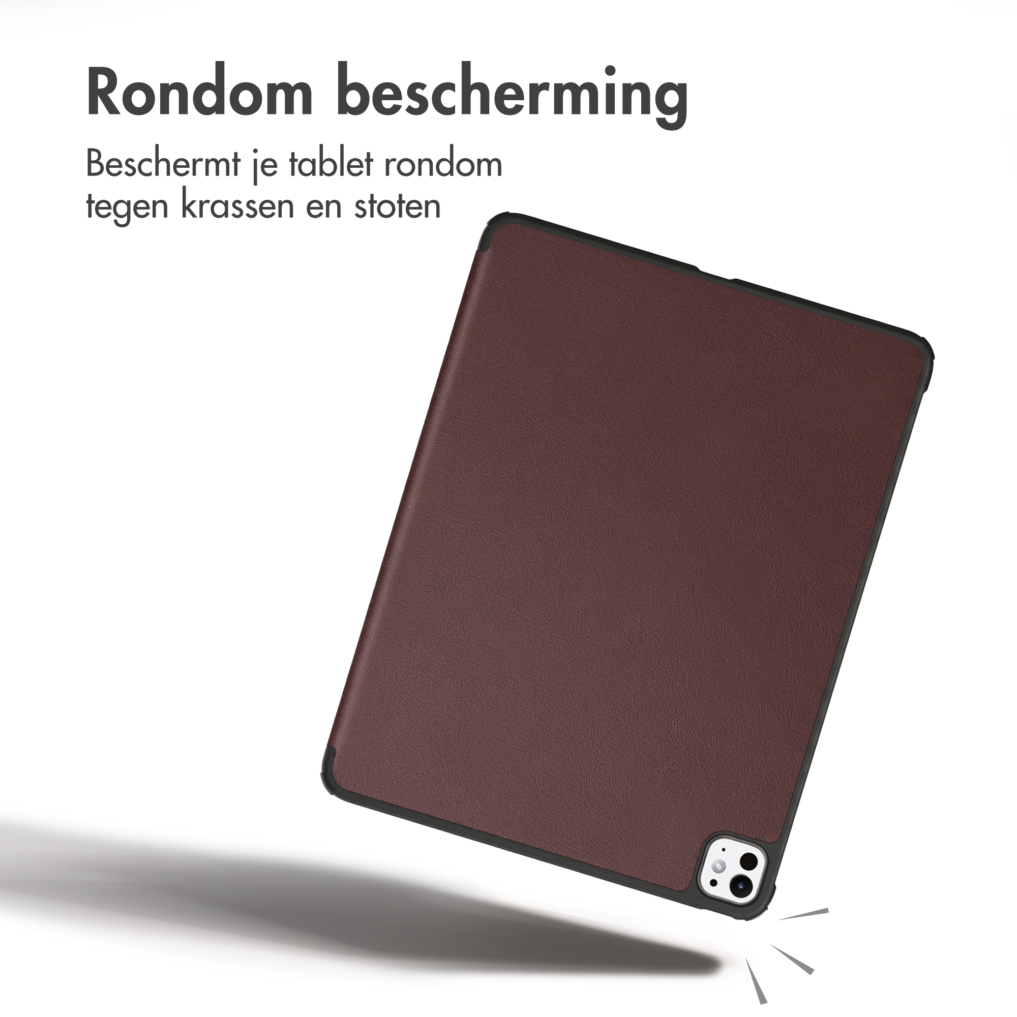 Une tablette marron dans une coque de protection flotte sur fond blanc avec du texte en néerlandais.