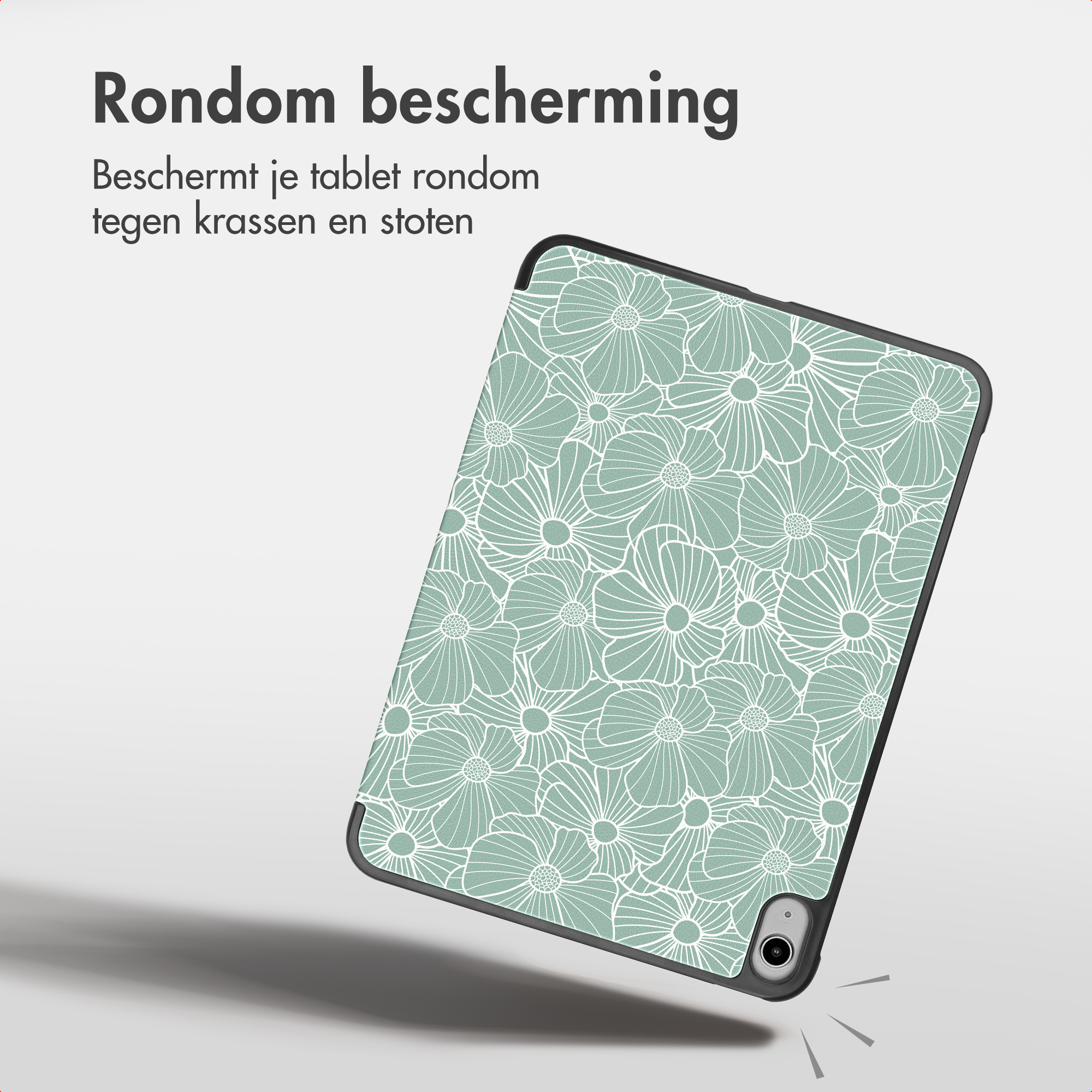 A light green tablet case with a white floral pattern and Dutch text against a white background.
