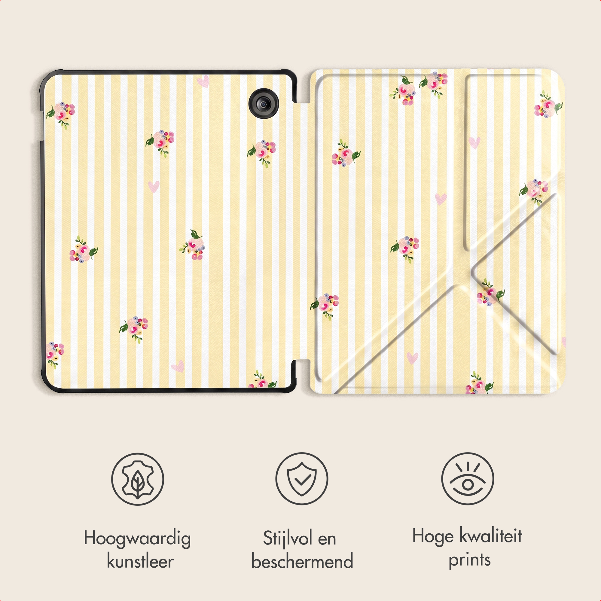 Tablethoes met gele strepen, bloemen en hartjes. Drie iconen onderaan benadrukken kwaliteit en bescherming.
