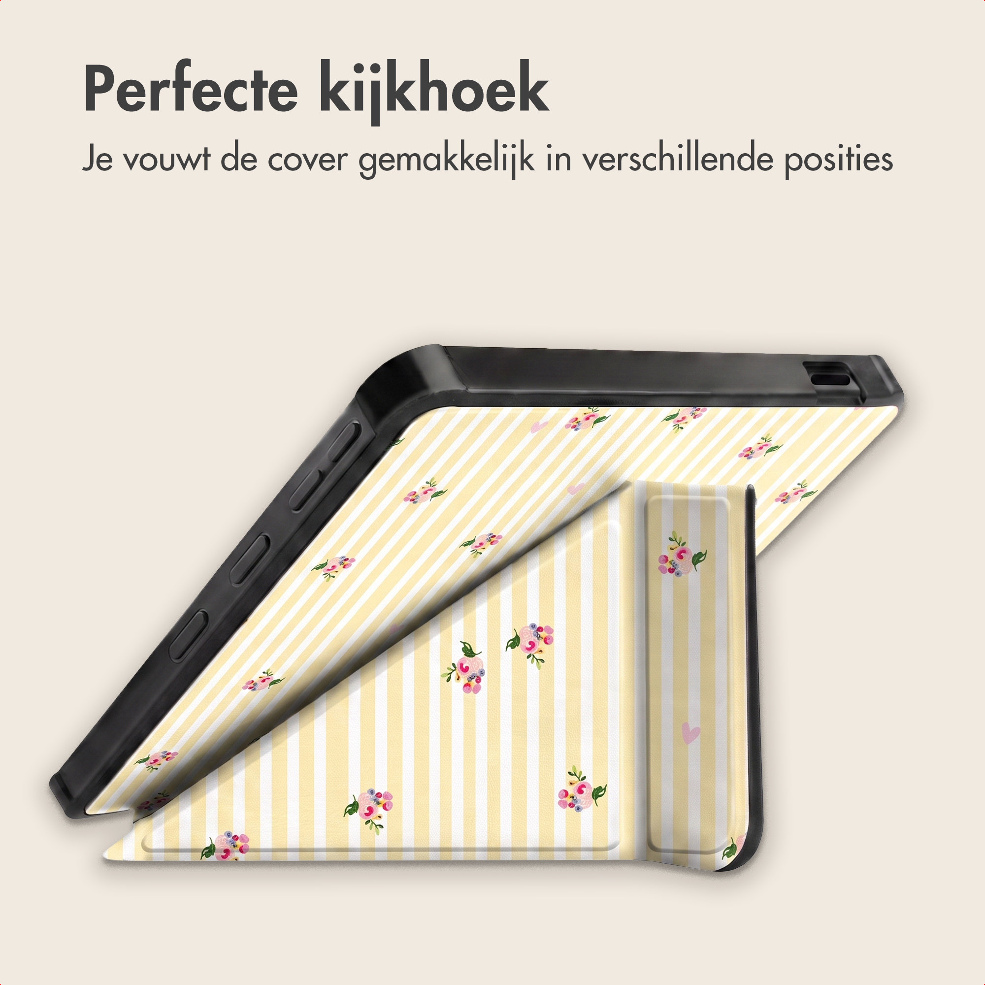 Tablet in bloemetjeshoes met opvouwbare standaard.