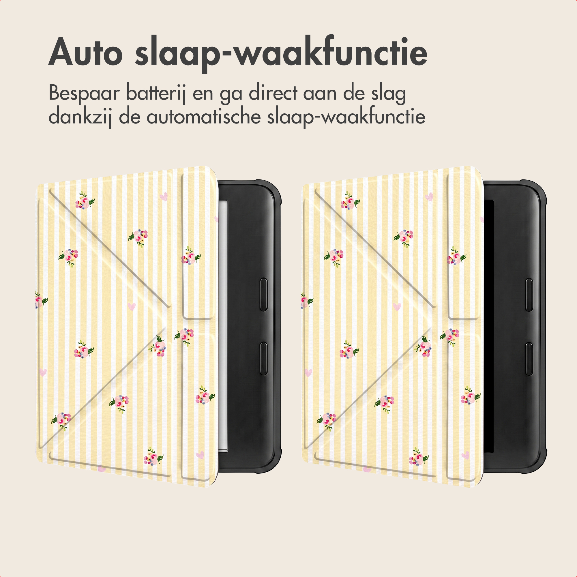 Twee zwarte e-readers met geel gestreepte bloemenhoesjes tonen de auto sleep-wake functie tegen een lichte achtergrond.