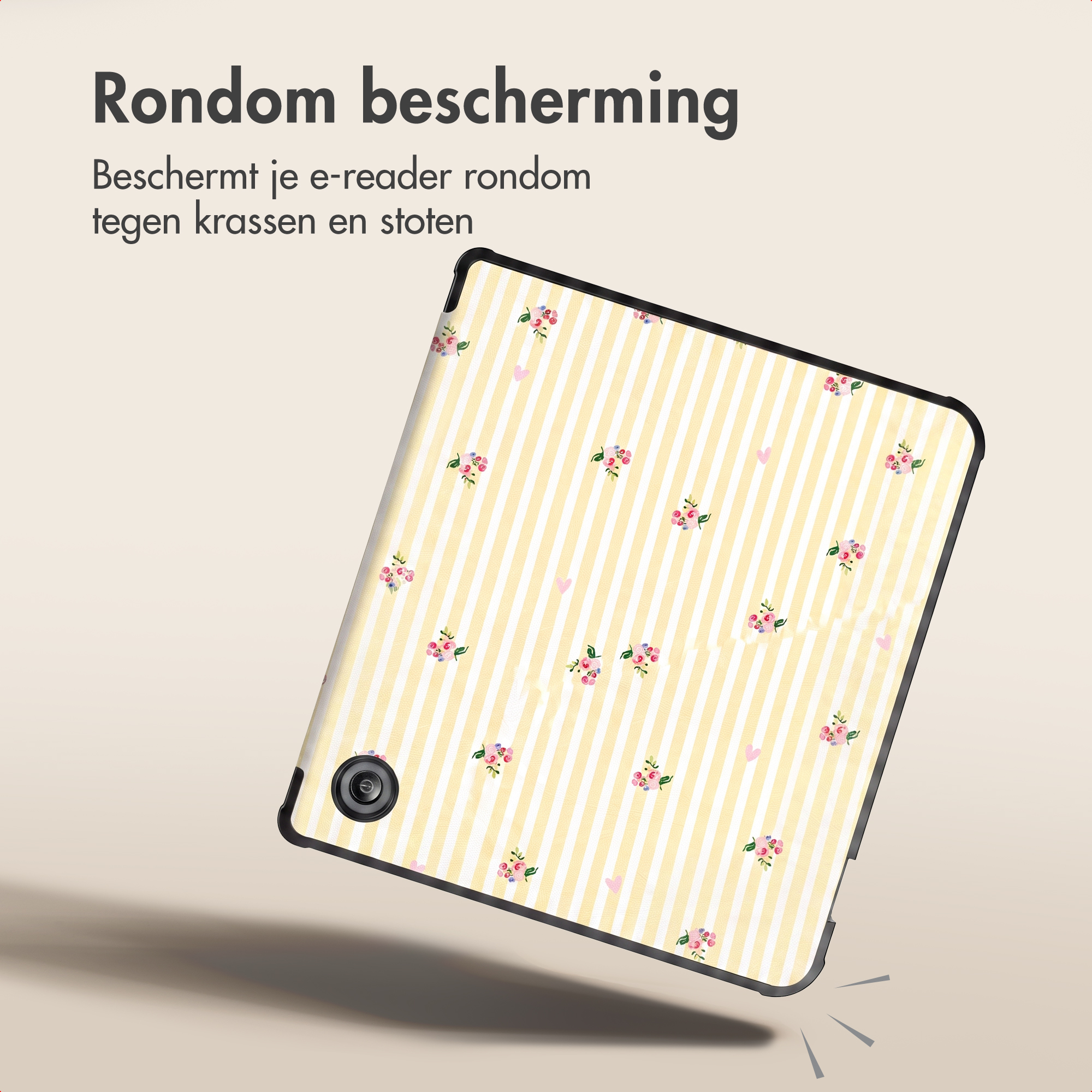 E-readerhoesje met gele strepen en bloemenpatroon op lichte achtergrond.