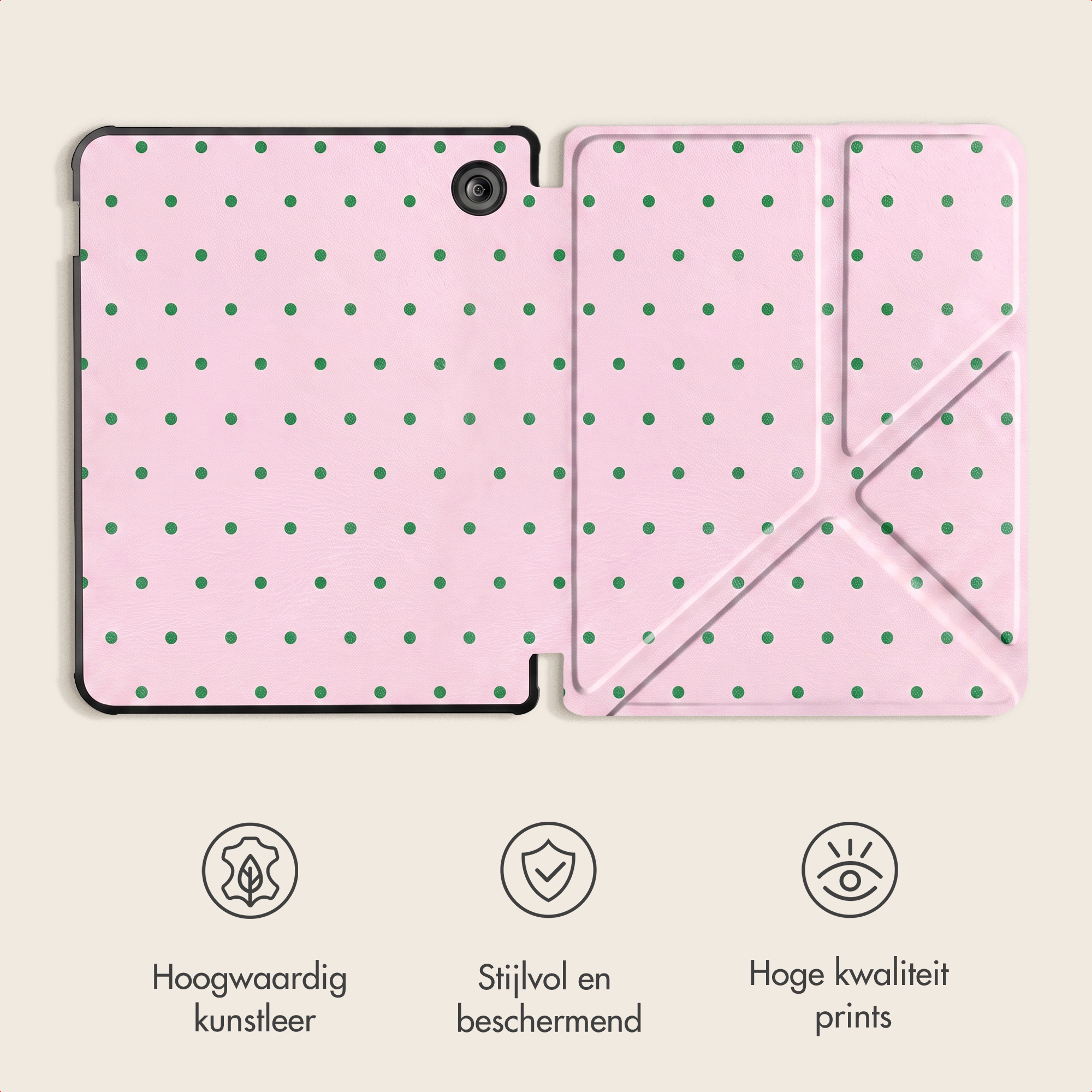 Roze tabletcover met groene stippen, opvouwbare standaard en drie iconen voor kwaliteit, stijl en print.