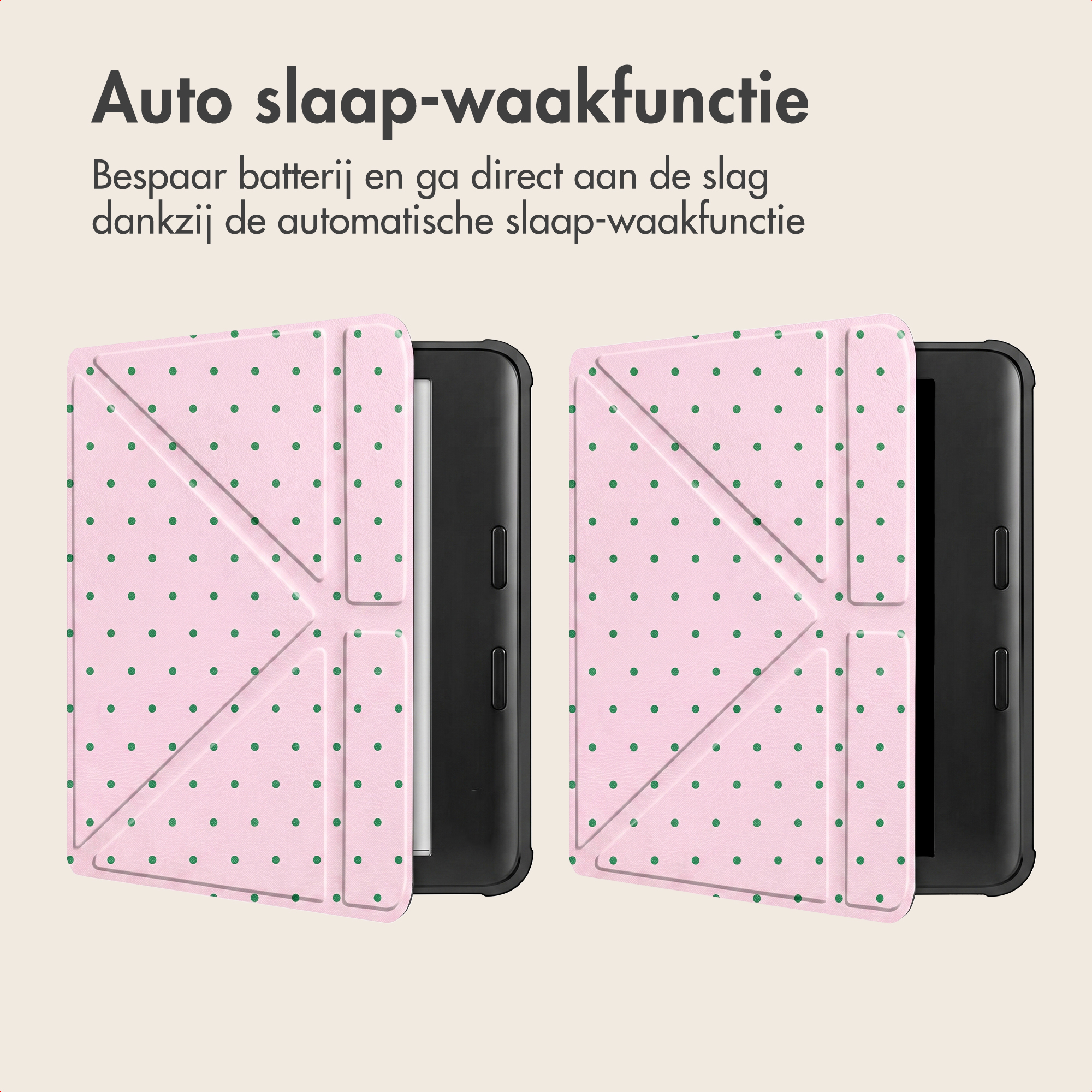 Twee e-readers met roze hoesjes met groene stippen en tekst over de slaapfunctie.