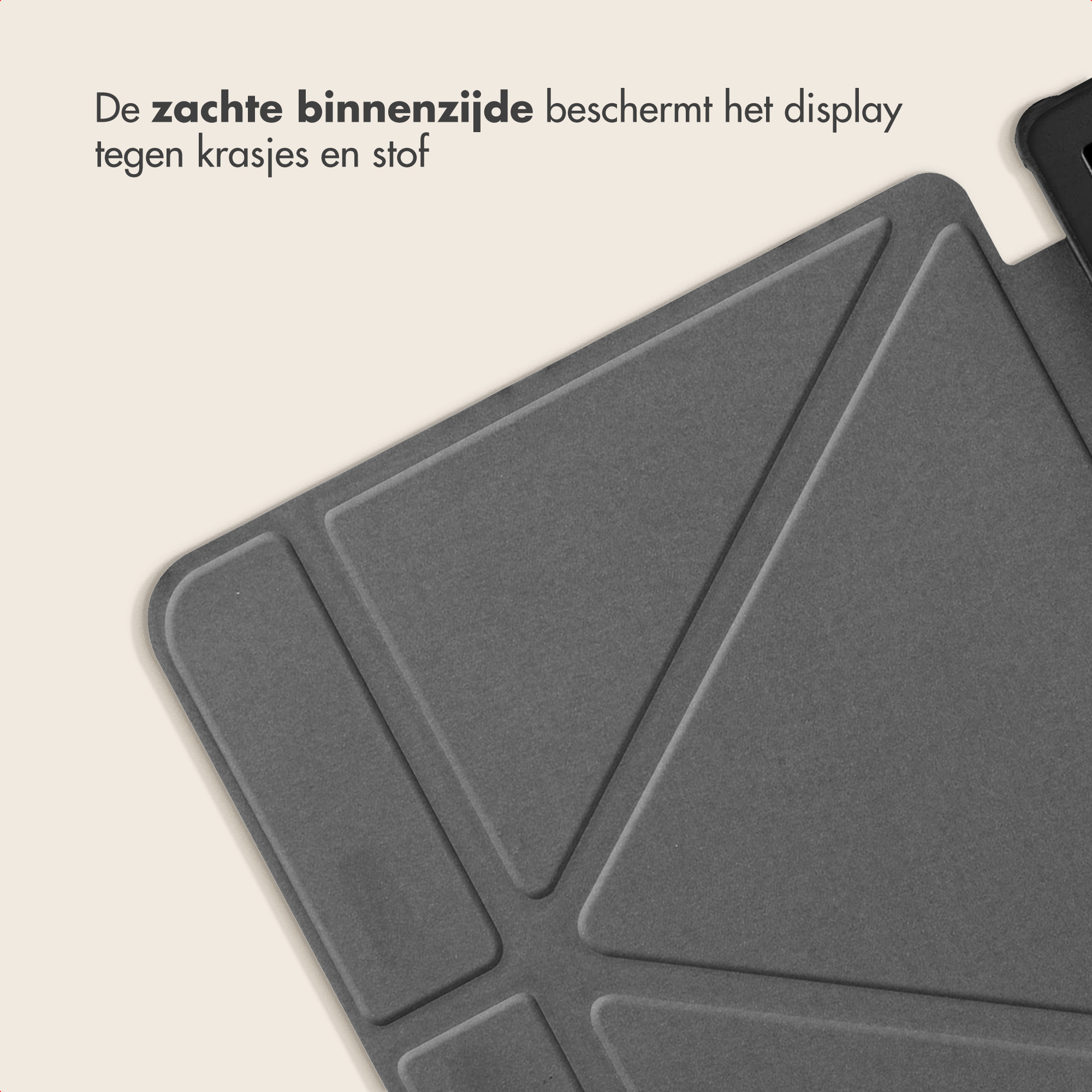 Een grijze tablethoes met zachte binnenzijde beschermt het display tegen krassen en stof.