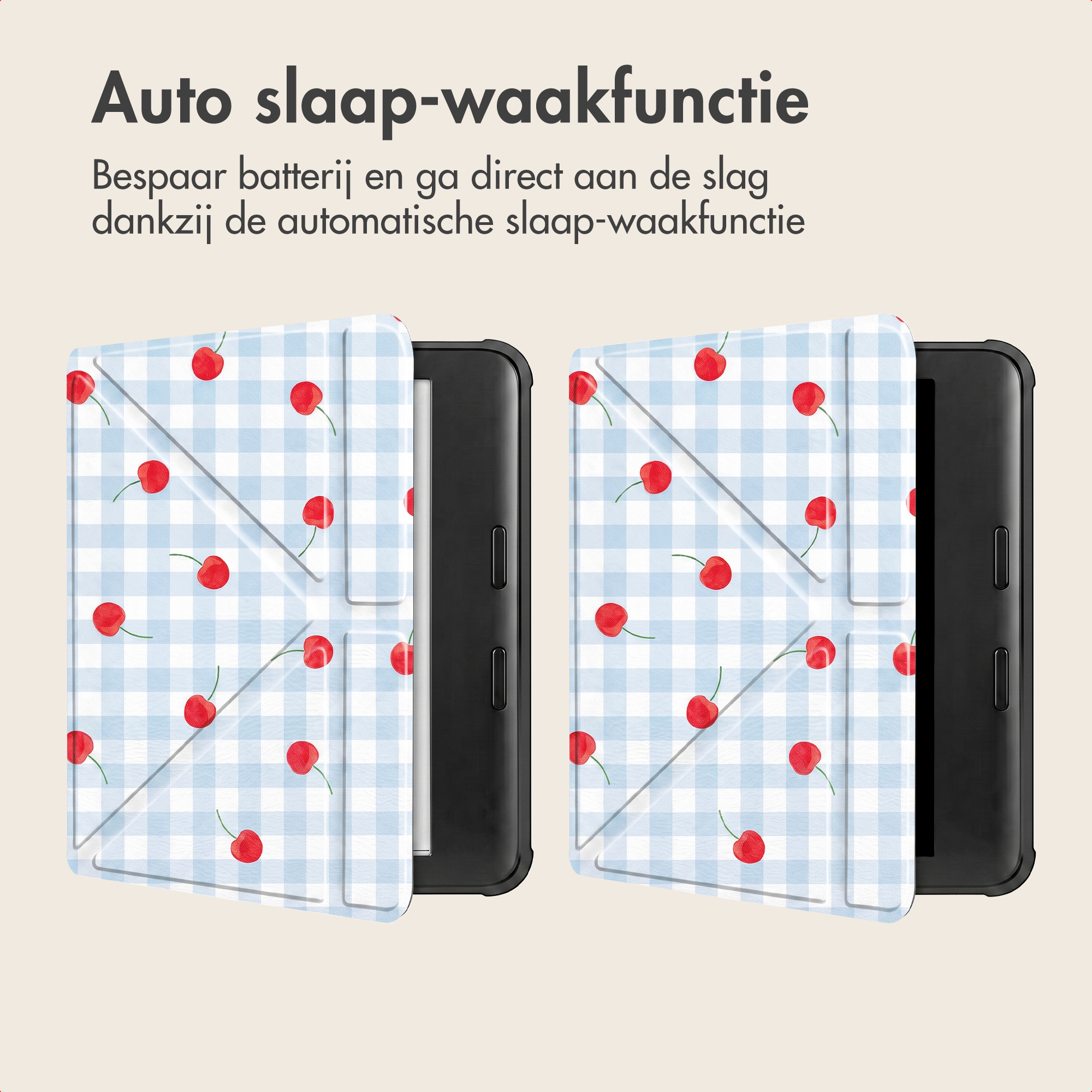 Twee zwarte e-readers met lichtblauwe ruitjeshoezen met rood kersenmotief, voorzien van Nederlandse tekst.