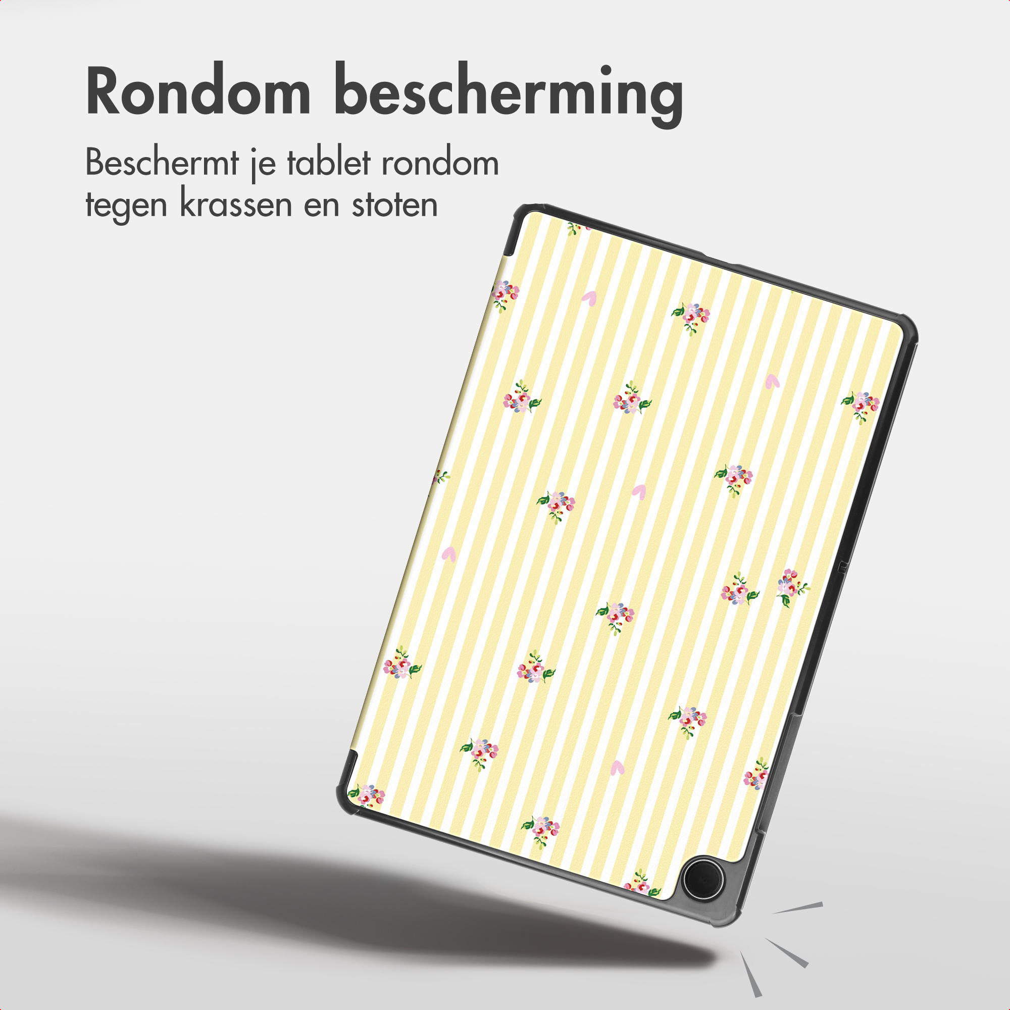 A tablet in a case with yellow stripes and floral pattern, with Dutch promotional text against a light background.