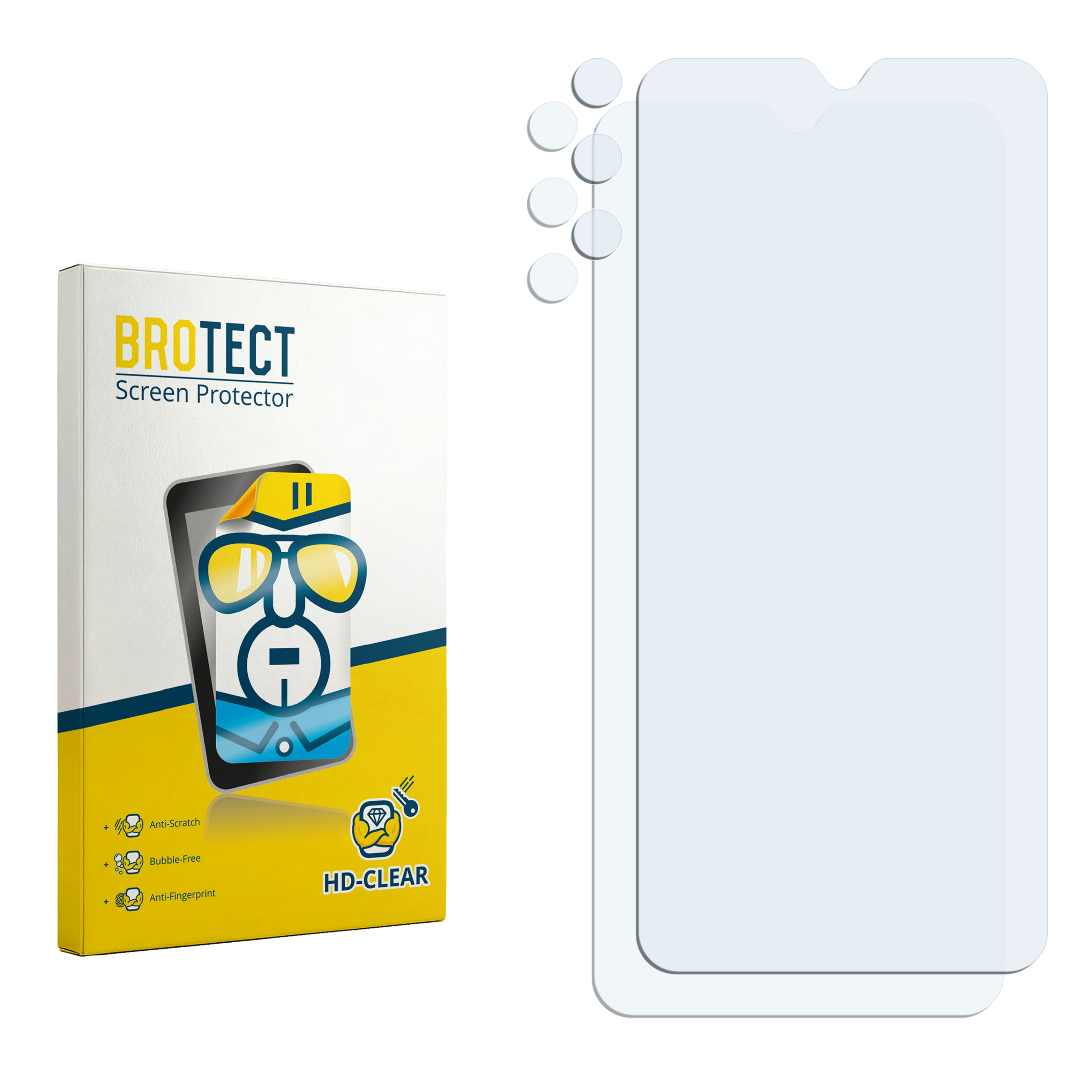 BROTECT HD-Clear Displayschutz-Verpackung und zwei transparente Folien auf weißem Hintergrund.