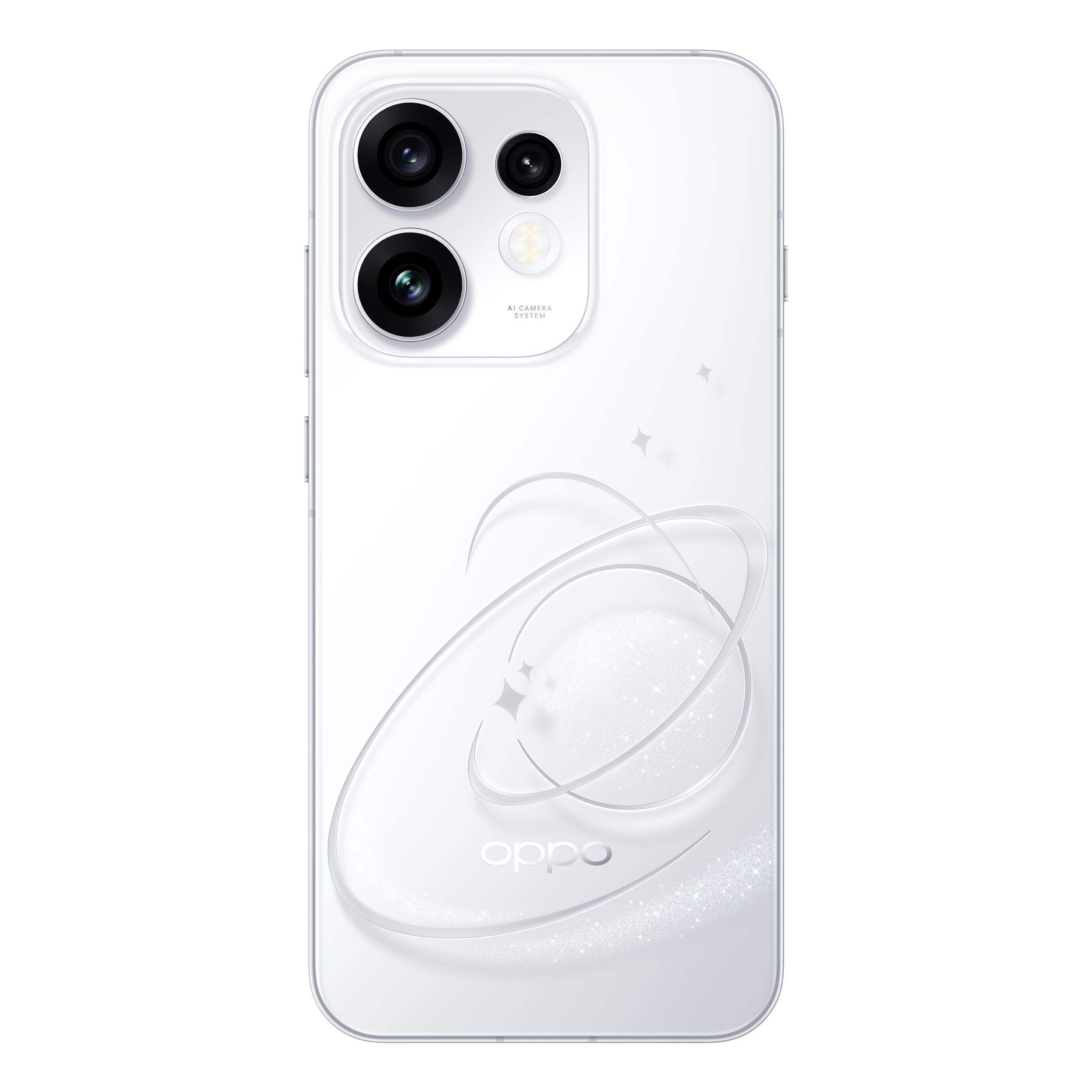 Achterkant van een witte OPPO-smartphone met een triple camera en speels ring- en sterrendesign.
